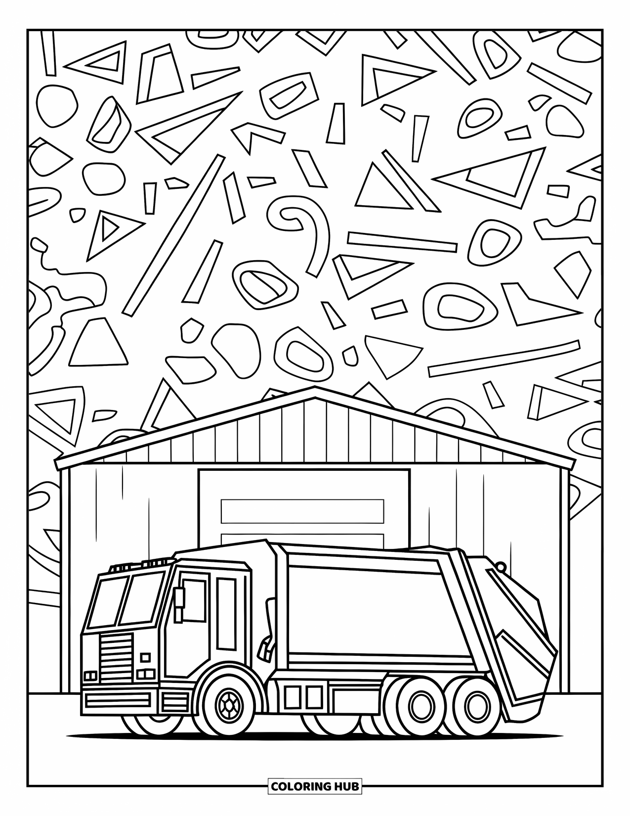 Garbage Truck Coloring Page for Adults: Truck by a warehouse with interconnected shapes and abstract line patterns