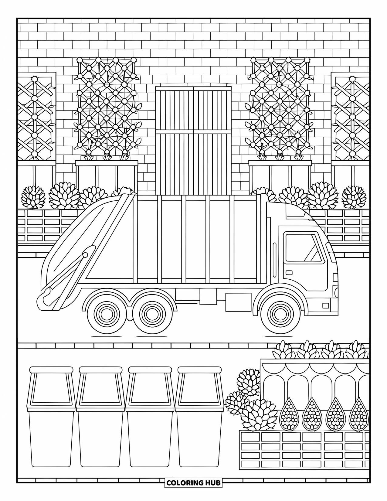 Garbage Truck Coloring Page for Adults: Truck gathering bins in an urban garden with a brick wall and decorative gate