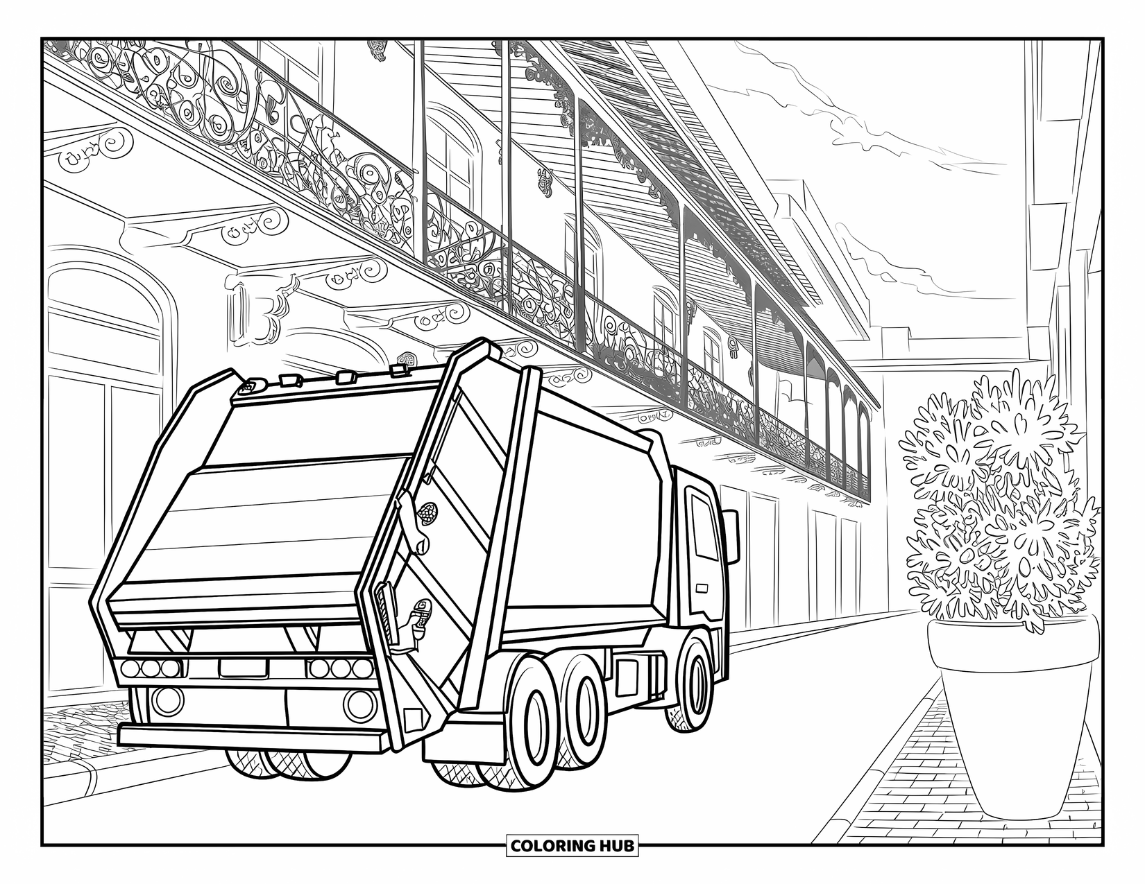Garbage Truck Coloring Page for Adults: Turning truck on a narrow street lined with tall buildings and balcony plants