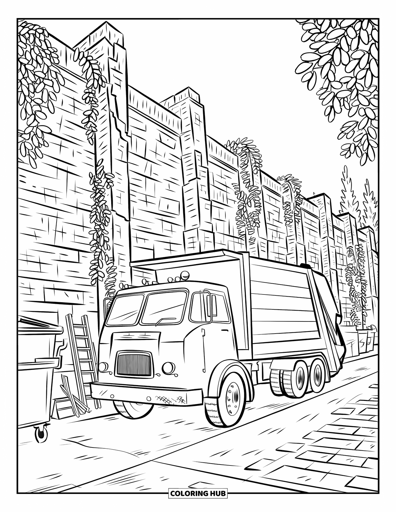Garbage Truck Coloring Page for Adults: Vintage truck beside an alley with ancient walls, tools, and a collection bin