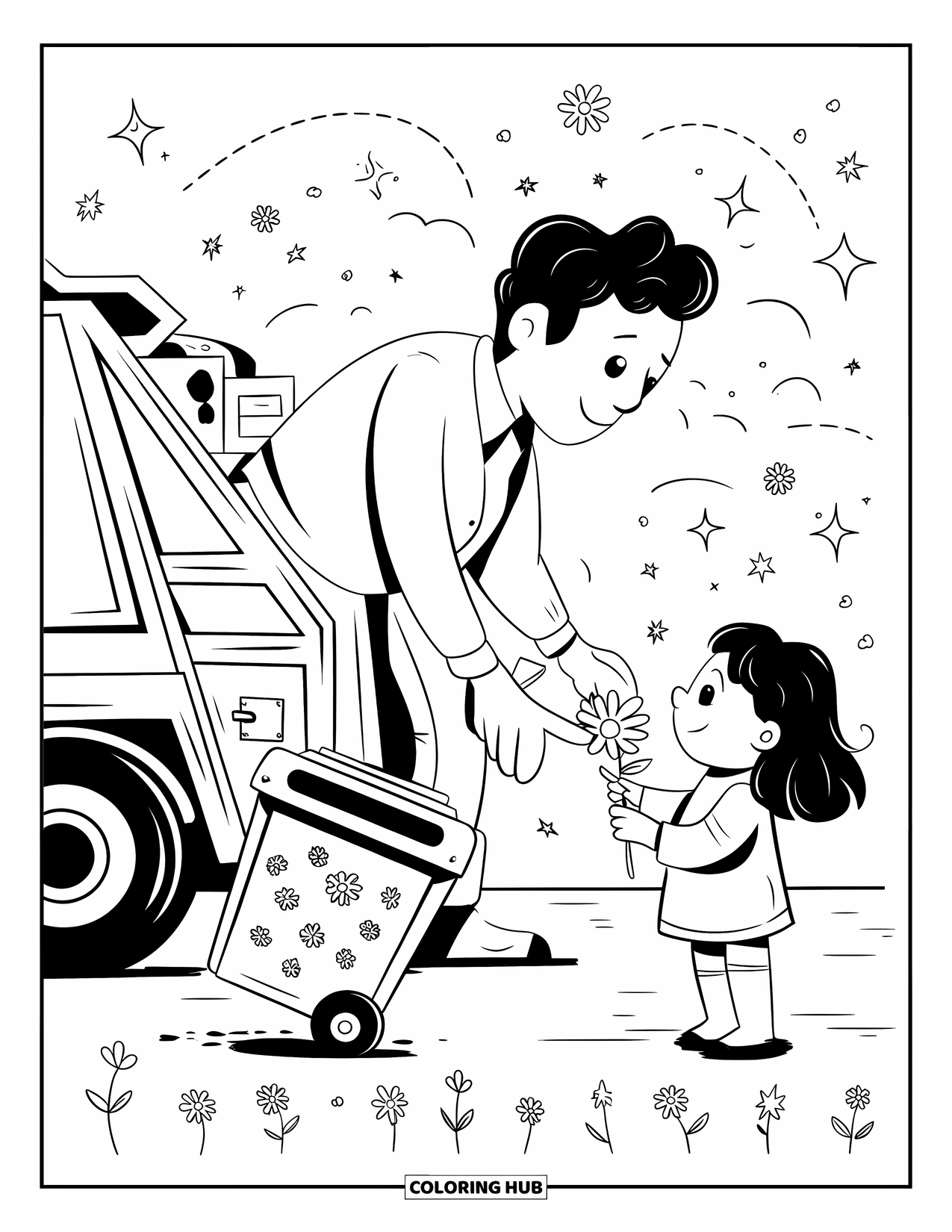 Garbage Truck Coloring Page for Adults: Worker and girl share a flower near a truck lifting a flower-covered bin