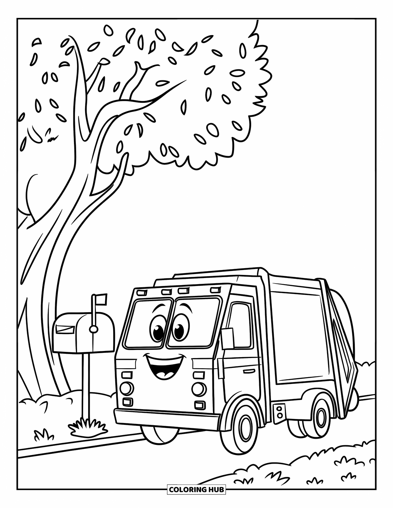 Garbage Truck Coloring Page for Kids: Cheerful truck stands by a leafy tree and mailbox under a peaceful sky
