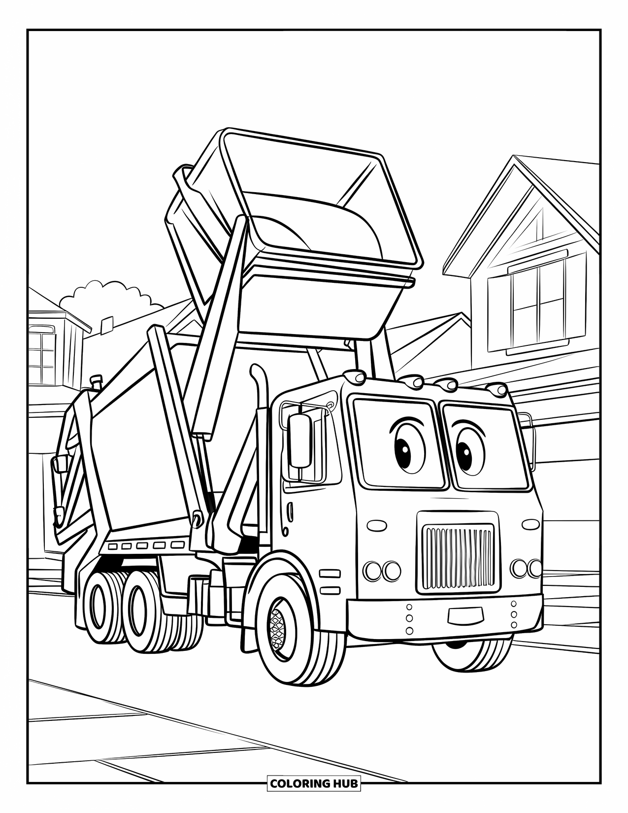 Garbage Truck Coloring Page for Kids: Cheerful truck with a helmet lifts a bin near houses in a quiet street