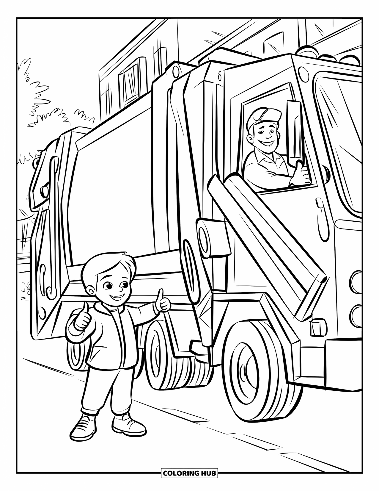 Garbage Truck Coloring Page for Kids: Child gives a thumbs-up to a worker in a truck with buildings and trees behind