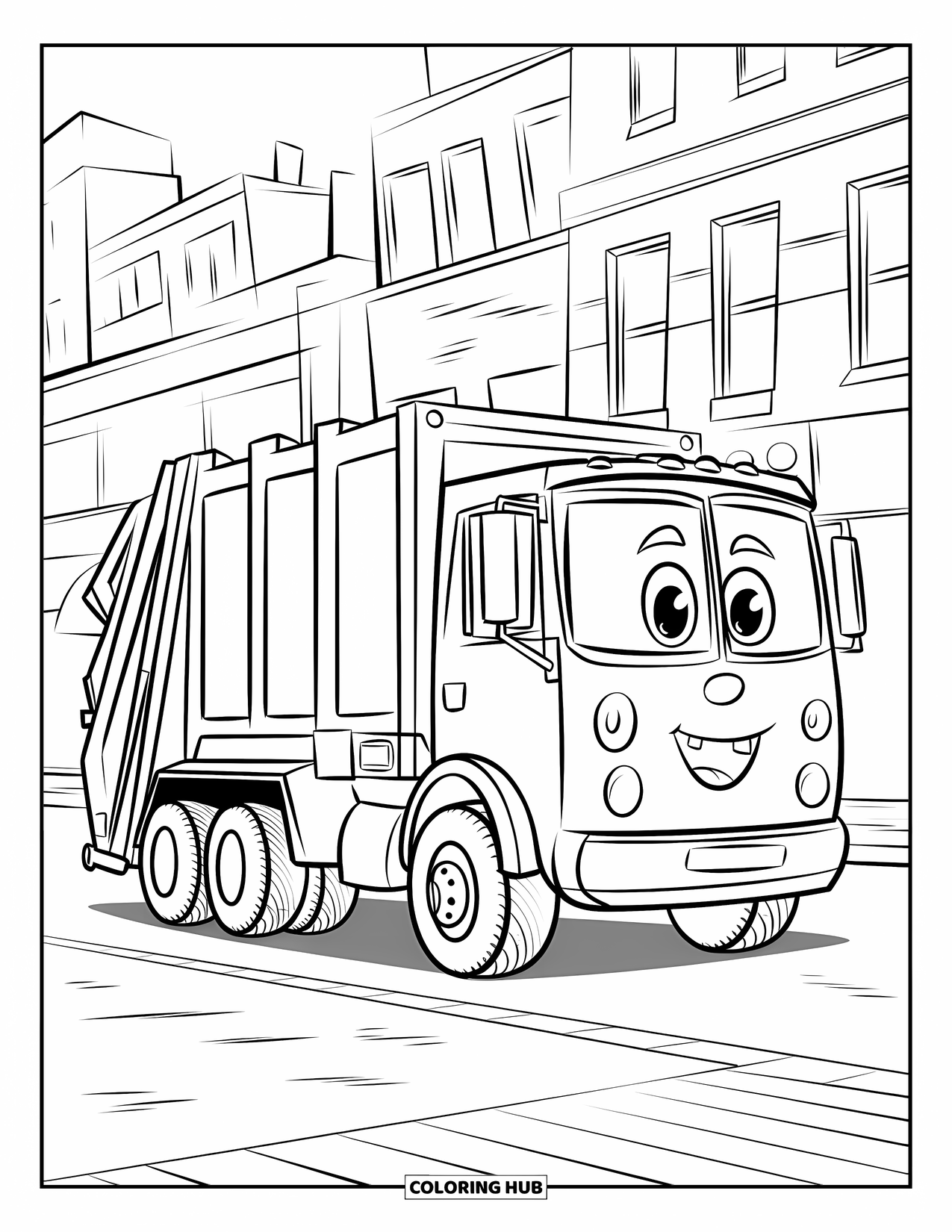 Garbage Truck Coloring Page for Kids: Cute truck with big wheels rests on an empty street near a few buildings