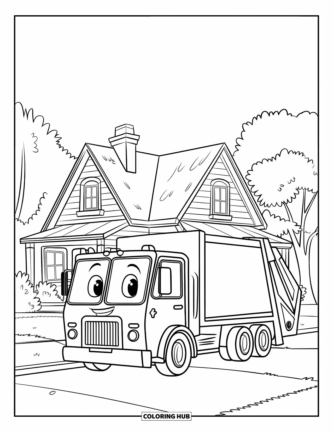 Garbage Truck Coloring Page for Kids: Friendly-faced truck sits by a house with windows, chimney, and a clear sky