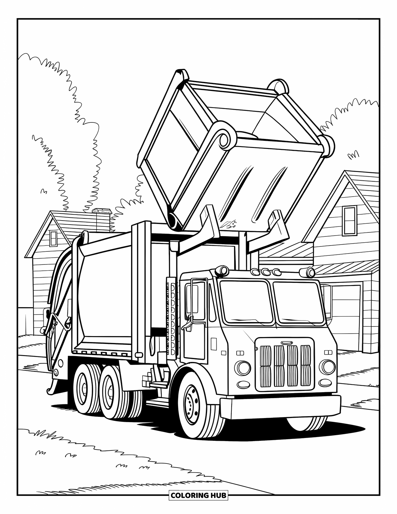 Garbage Truck Coloring Page for Kids: Friendly truck raises a bin in a neighborhood with houses and trees