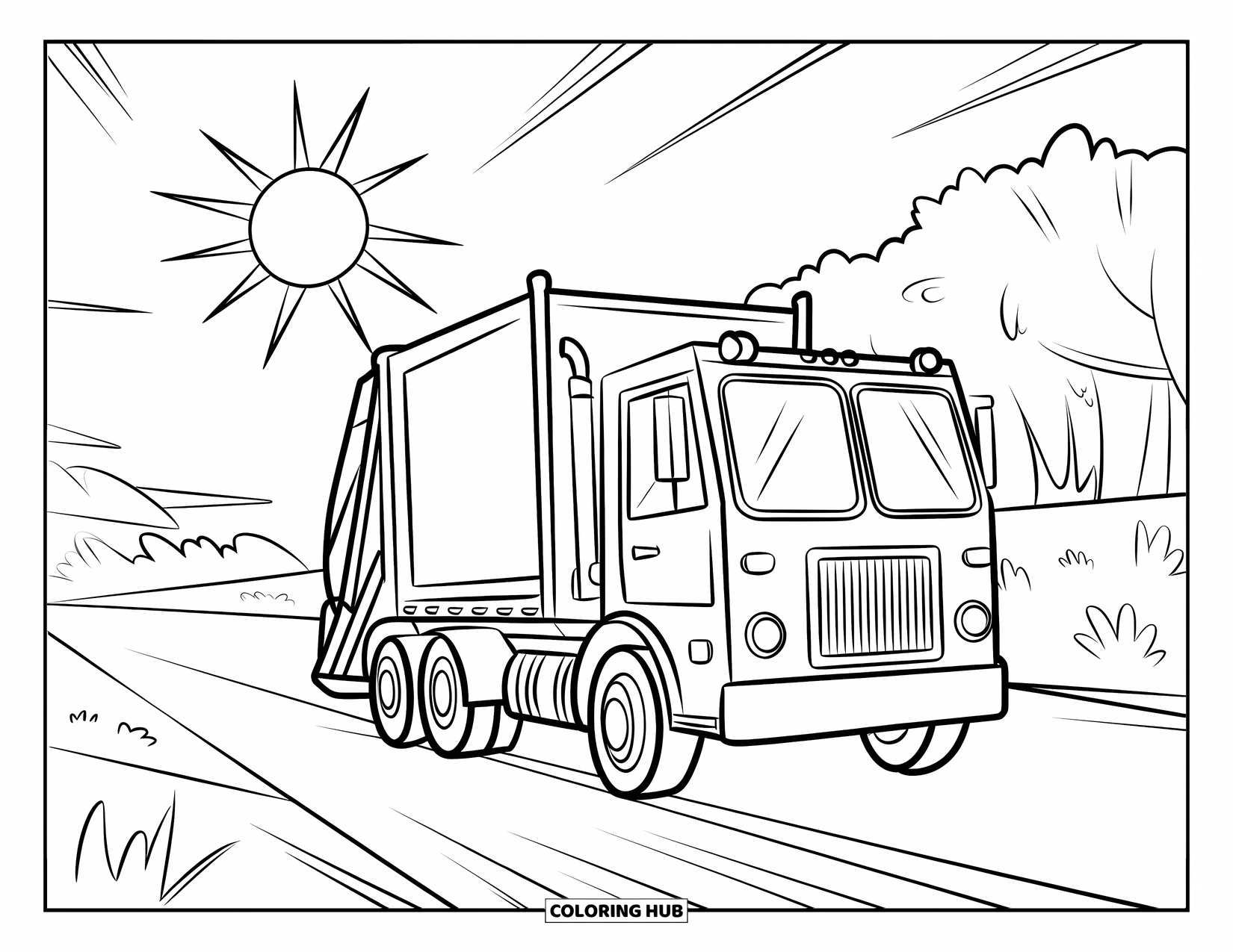 Garbage Truck Coloring Page for Kids: Garbage truck drives under the sun on a wide road with trees around