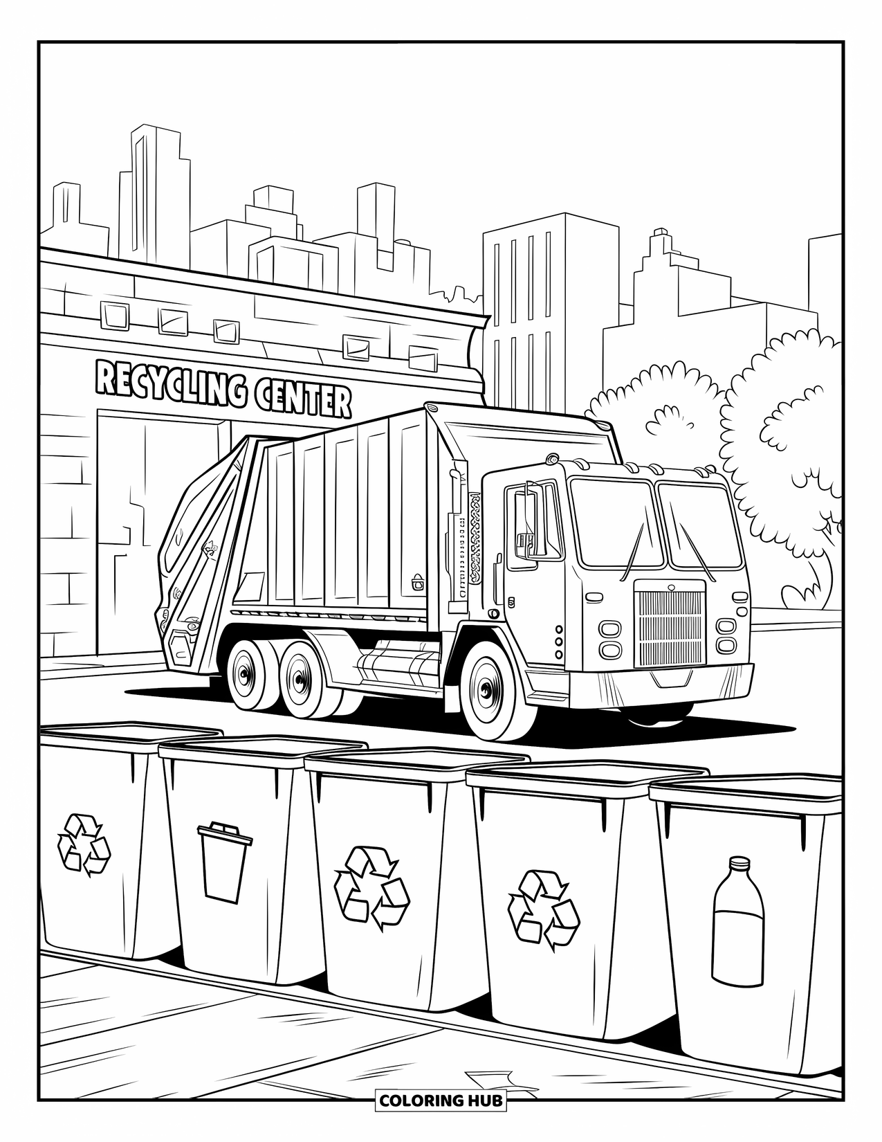 Garbage Truck Coloring Page for Kids: Garbage truck near labeled bins at a recycling center surrounded by trees and buildings