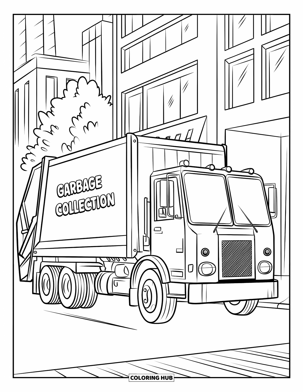 Garbage Truck Coloring Page for Kids: Garbage truck reverses into a collection zone with buildings and trees nearby
