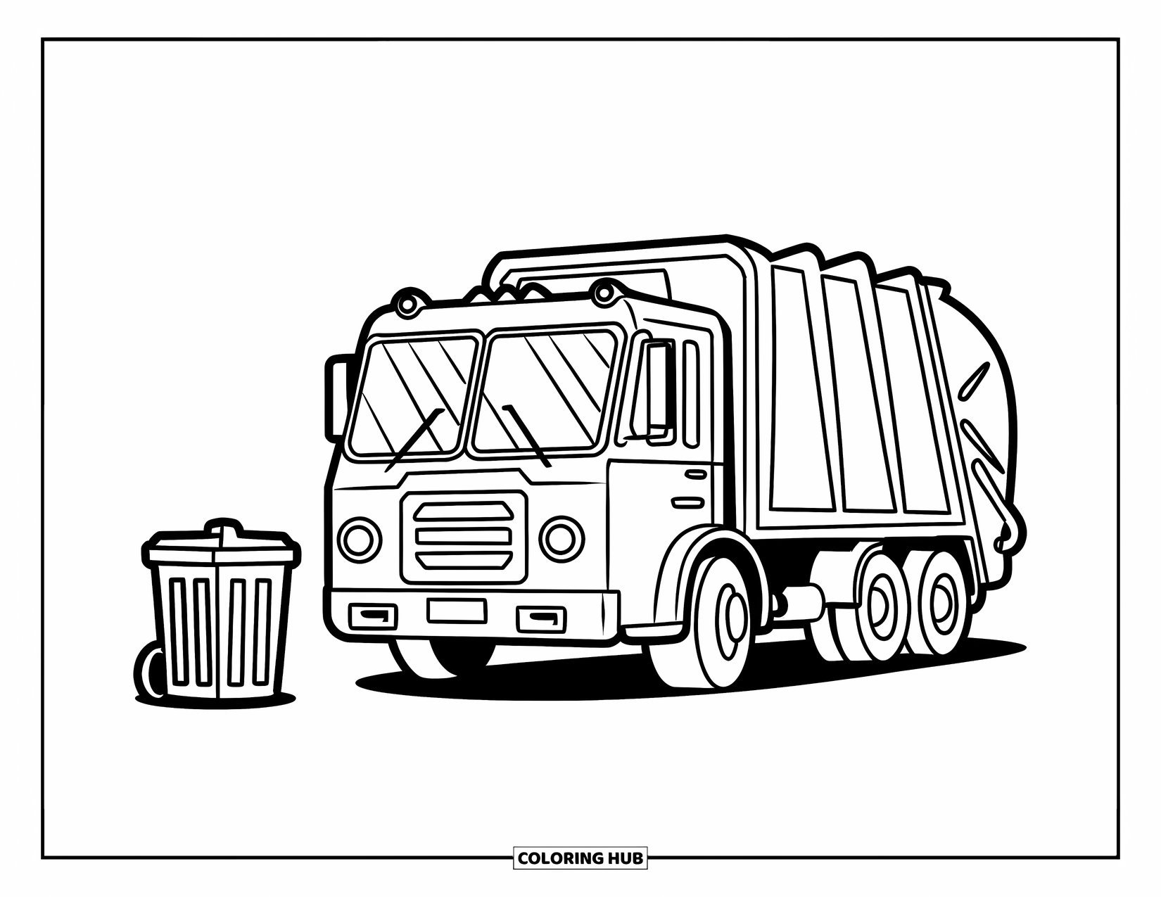 Garbage Truck Coloring Page for Kids: Happy truck and nearby bin set a playful tone in a calm setting