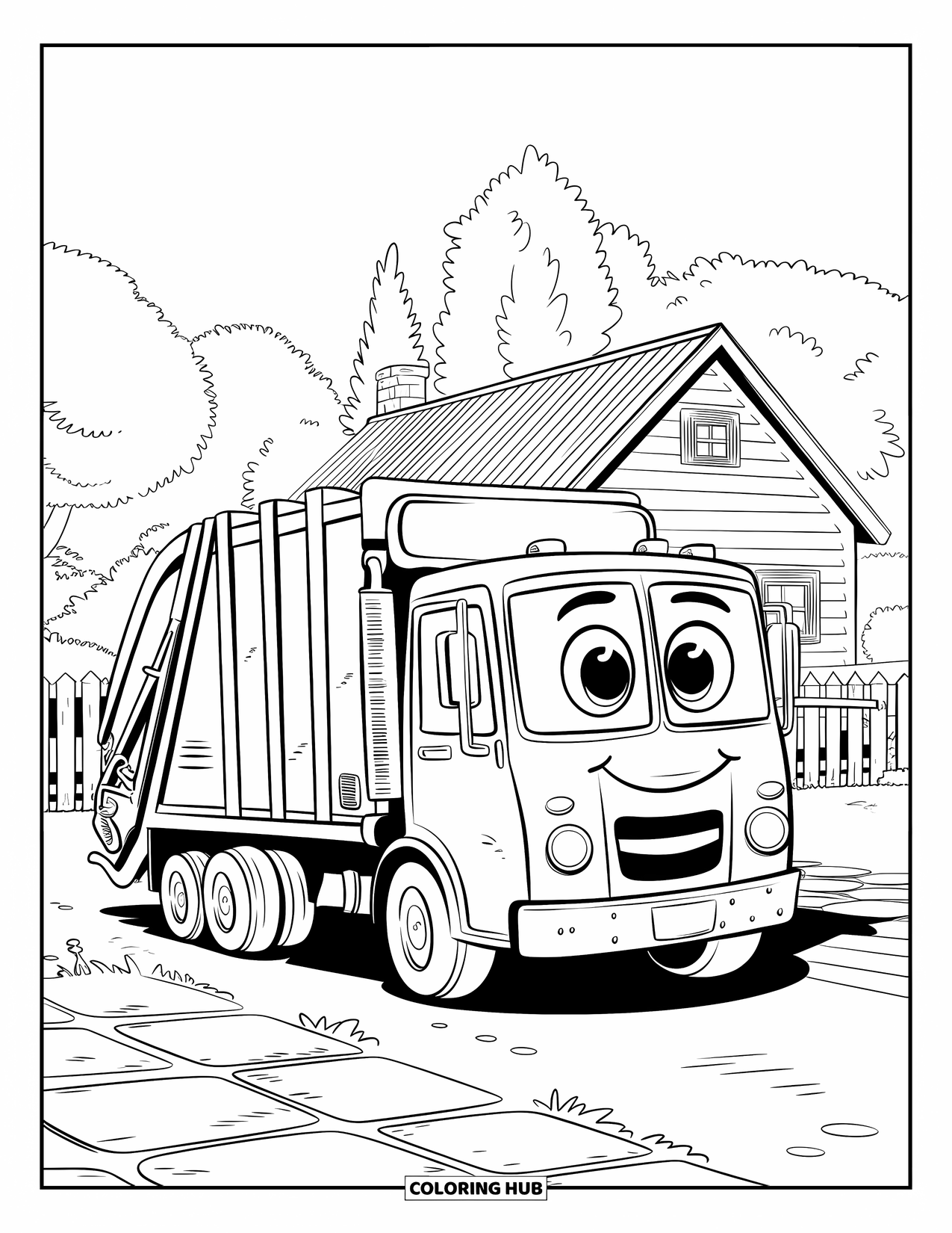 Garbage Truck Coloring Page for Kids: Happy truck with big eyes rests near a fenced house with trees and stone paving