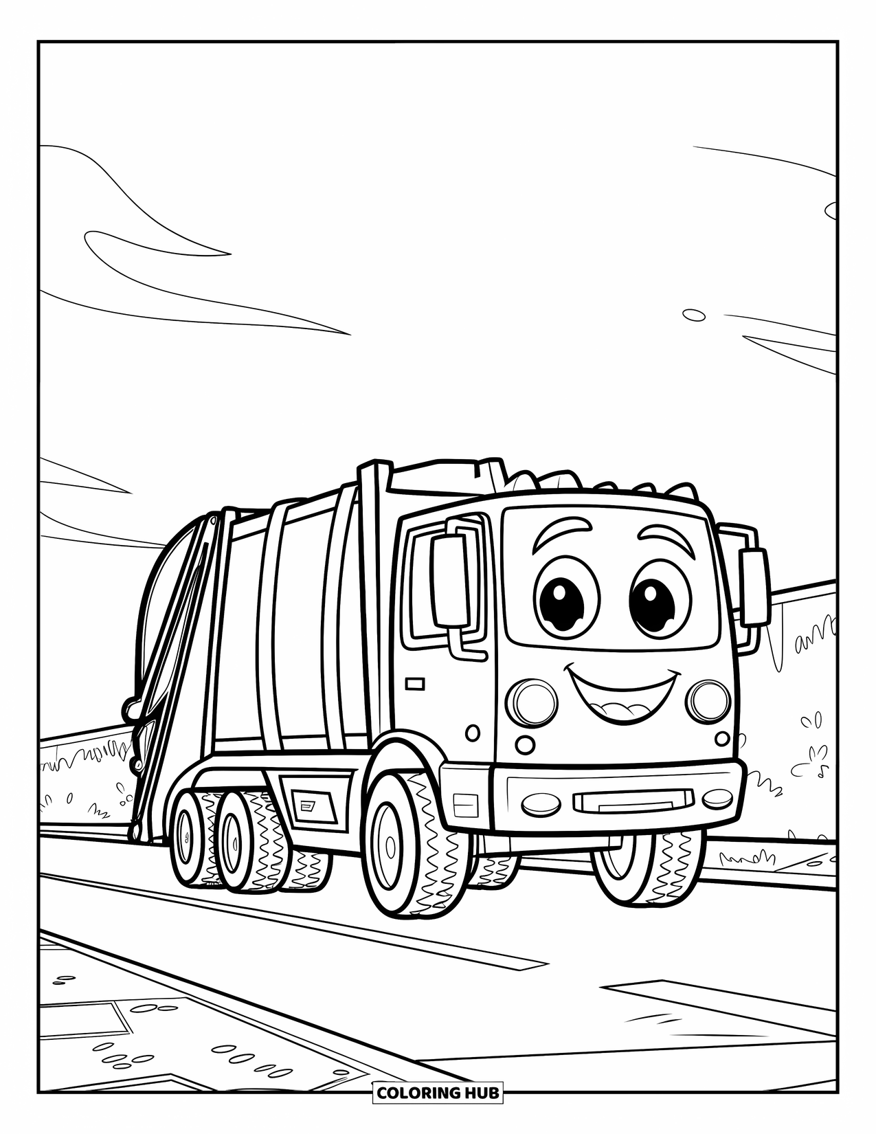 Garbage Truck Coloring Page for Kids: Happy truck with big wheels smiles on a clean street under a clear sky