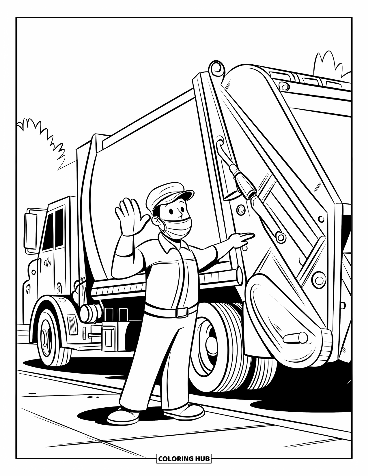 Garbage Truck Coloring Page for Kids: Masked worker waves beside a truck with a bin on a calm street