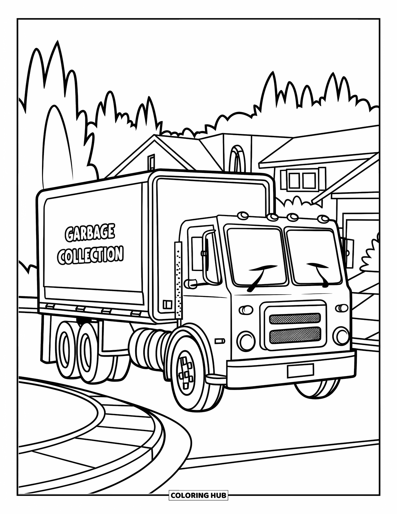 Garbage Truck Coloring Page for Kids: Reversing truck enters a collection area with a yellow-lined curb in a suburban setting