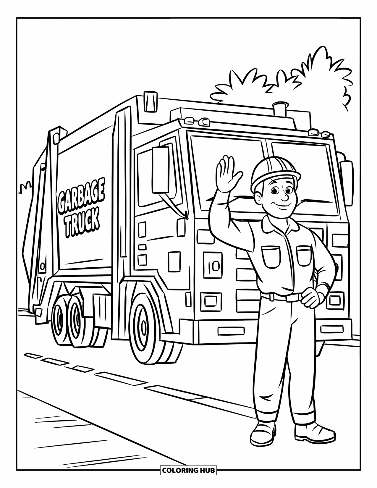 Garbage Truck Coloring Page for Kids: Sanitation worker in uniform waves near a labeled truck on a peaceful road
