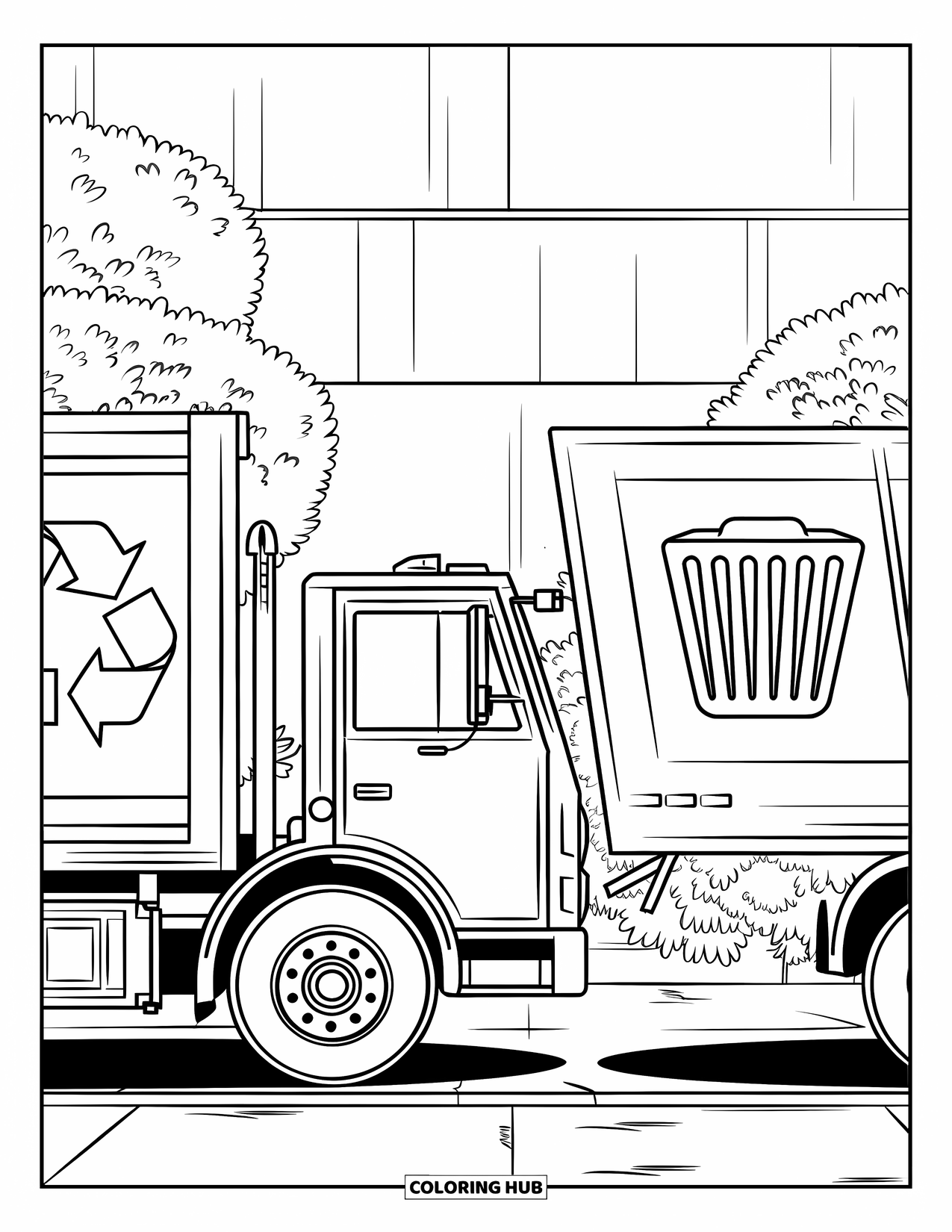 Garbage Truck Coloring Page for Kids: Side-by-side trucks with symbols rest near a wall with plants
