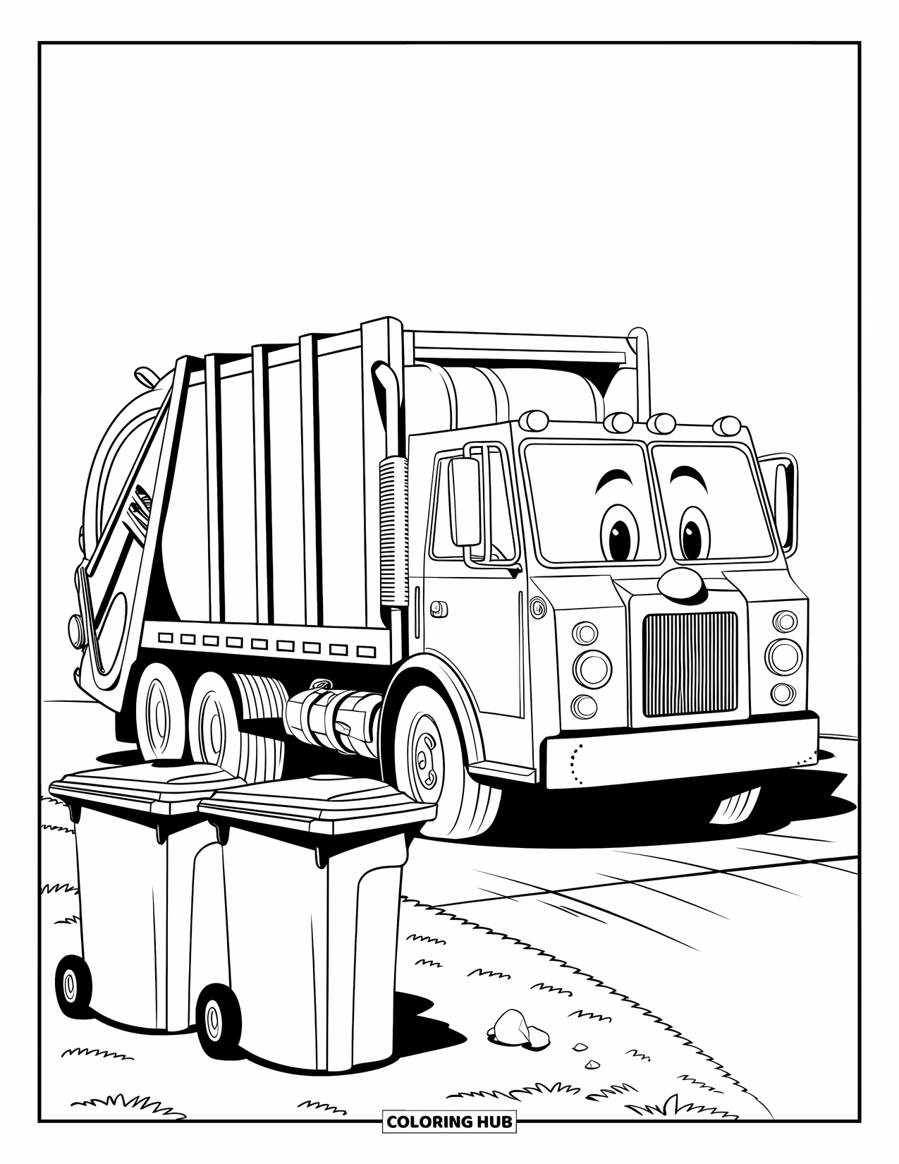 Garbage Truck Coloring Page for Kids: Smiling truck approaches bins of different sizes on a driveway