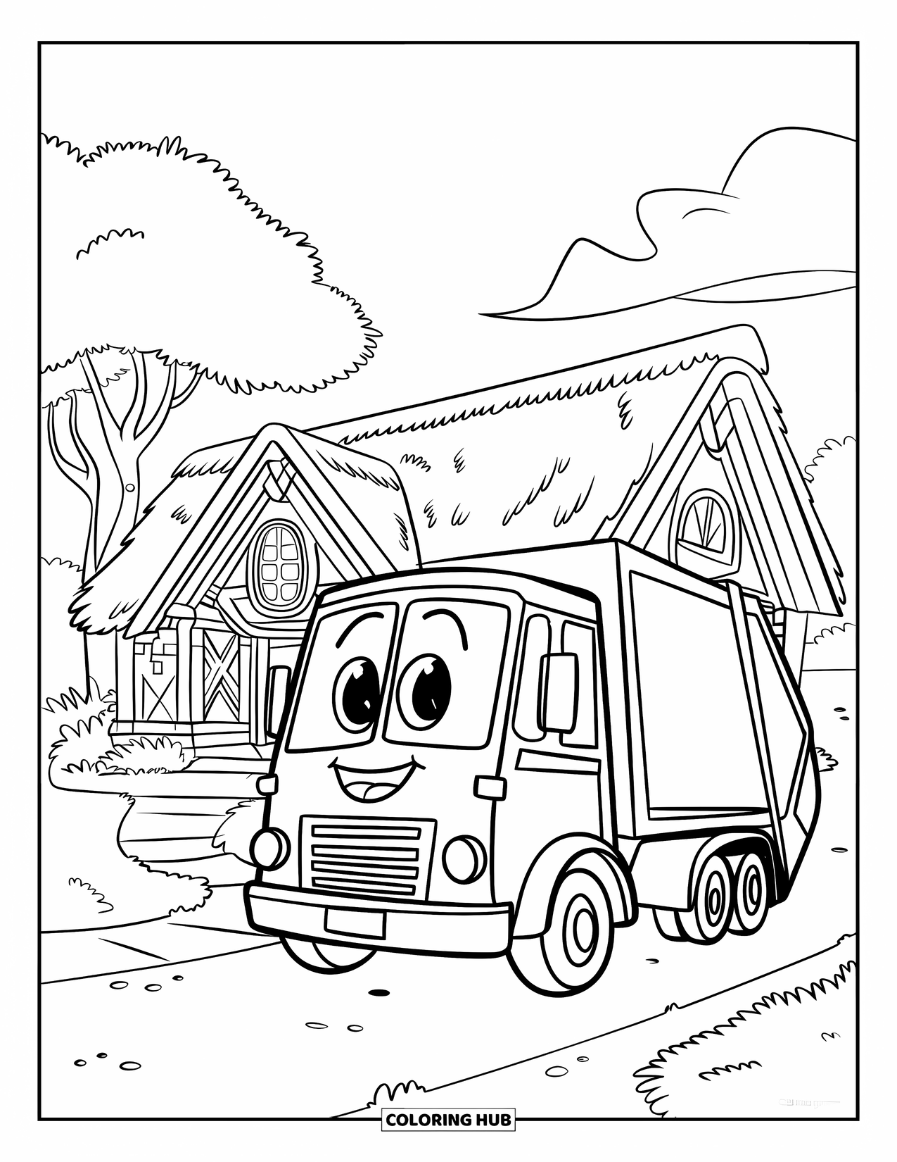 Garbage Truck Coloring Page for Kids: Smiling truck parks near a cozy house with a path, trees, and fluffy clouds