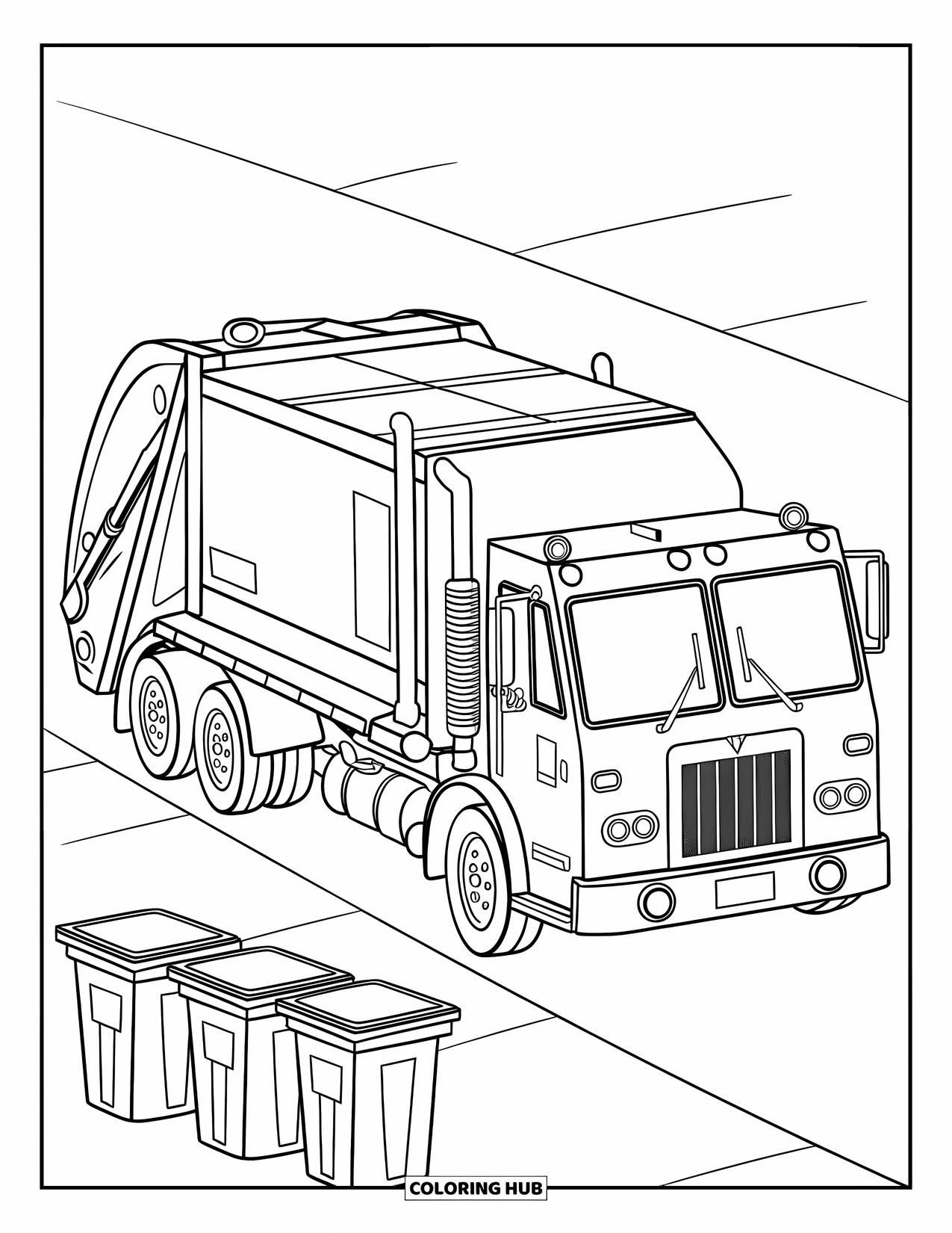 Garbage Truck Coloring Page for Kids: Truck lifts a bin with its arm in a clean driveway scene