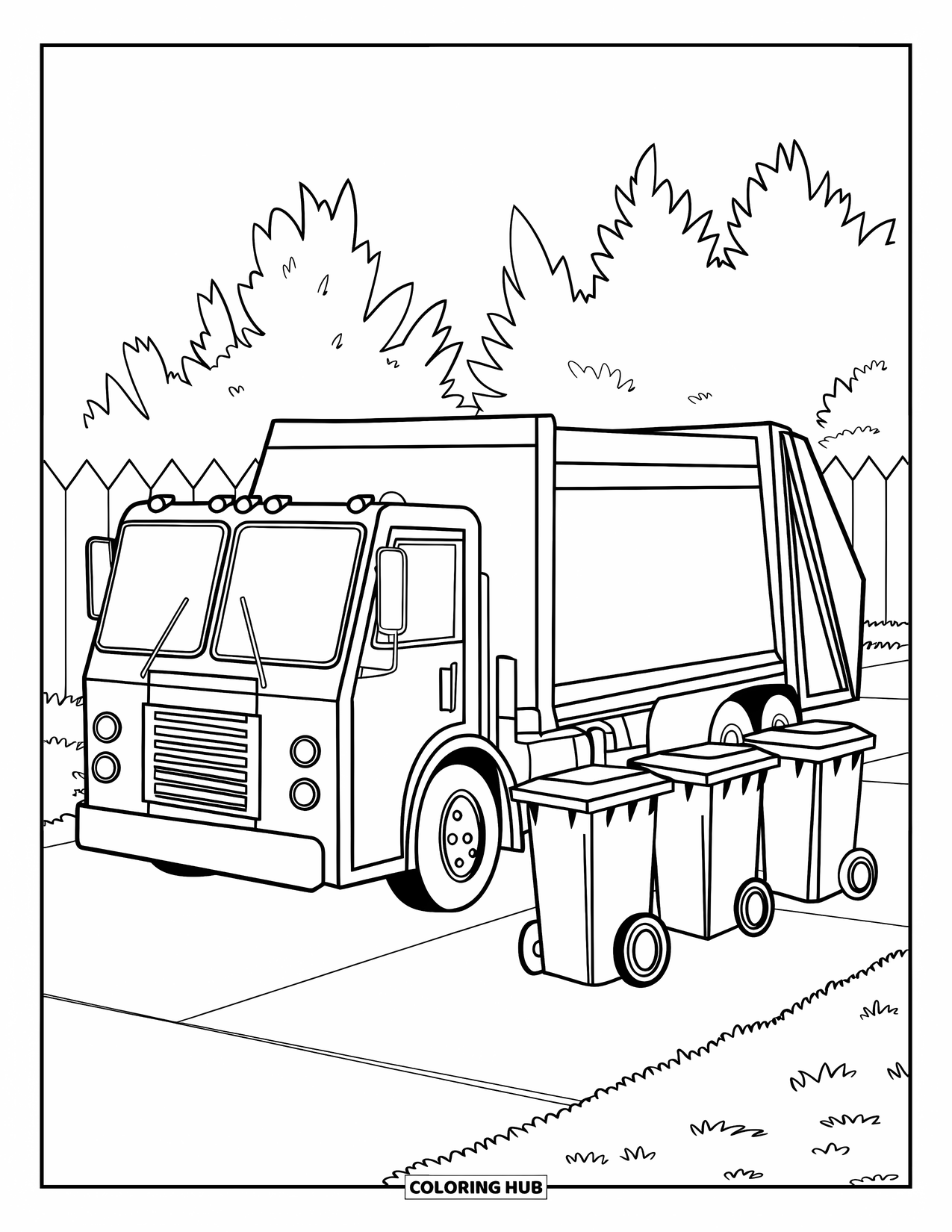 Garbage Truck Coloring Page for Kids: Truck nears bins in a driveway with trees and a wooden fence behind