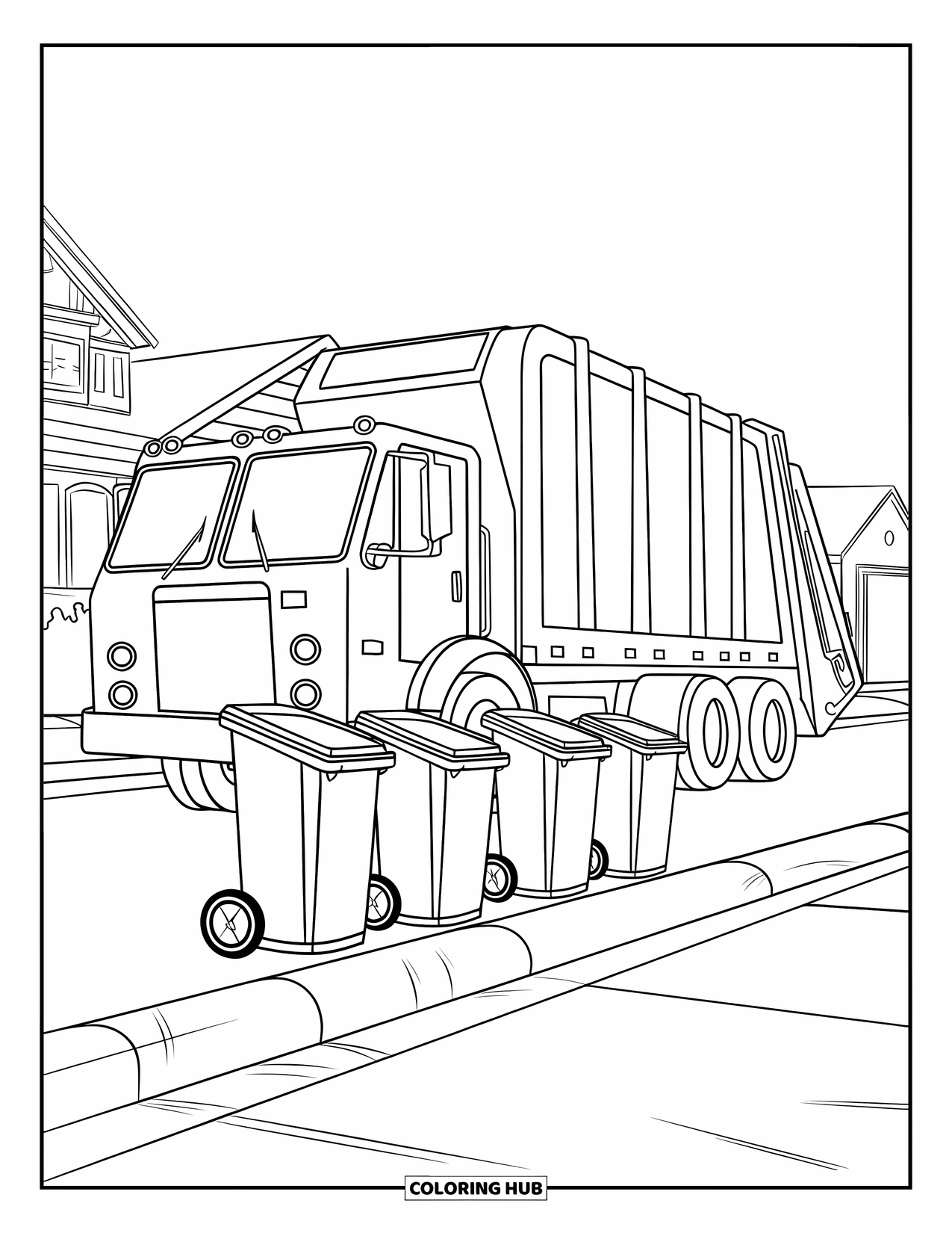 Garbage Truck Coloring Page for Kids: Truck pulls up to curbside bins on a quiet suburban street with homes nearby