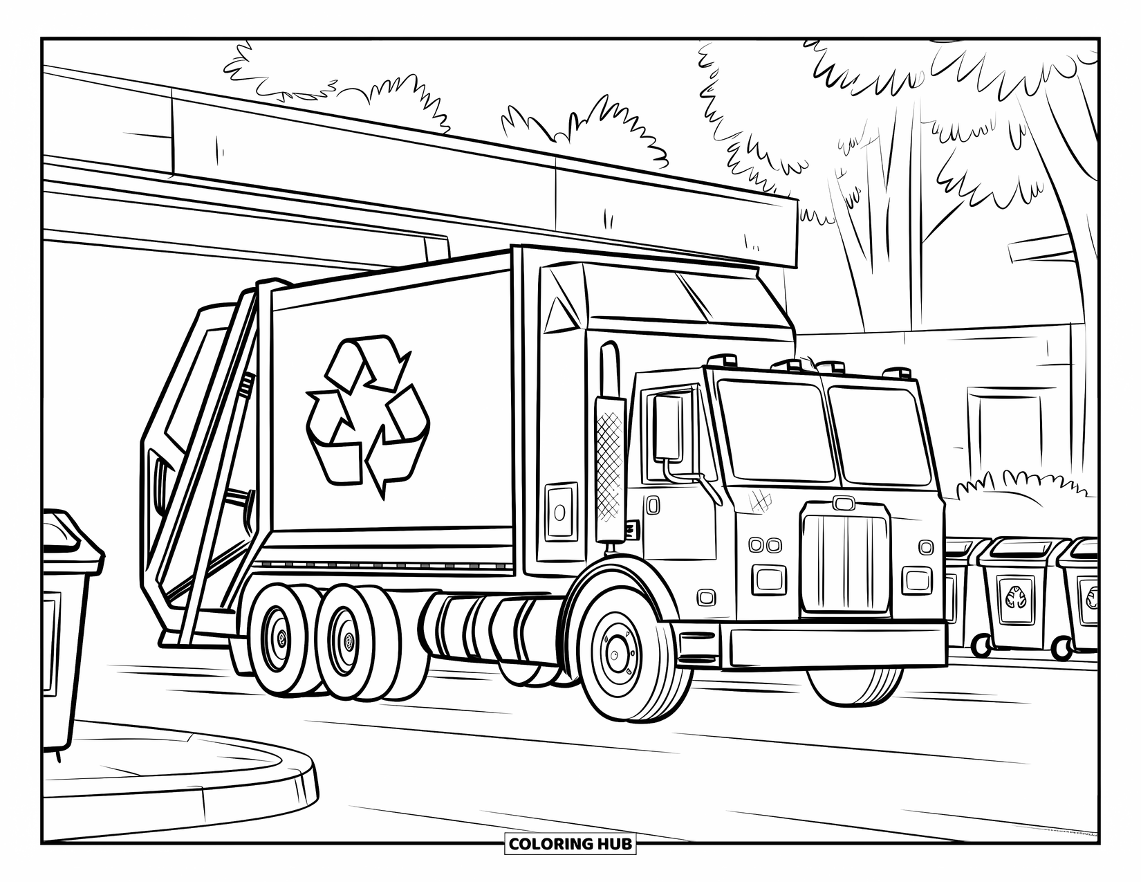 Garbage Truck Coloring Page for Kids: Truck unloads bins at a station with trees and a building nearby