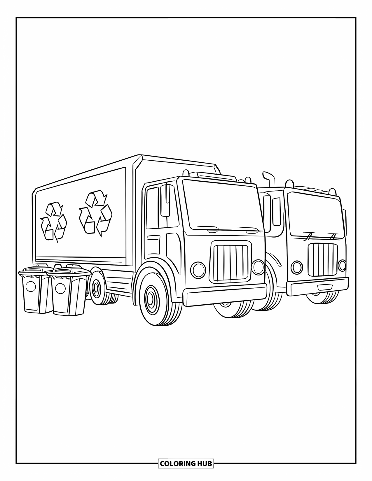 Garbage Truck Coloring Page for Kids: Two trucks parked together with bins lined up in front of them
