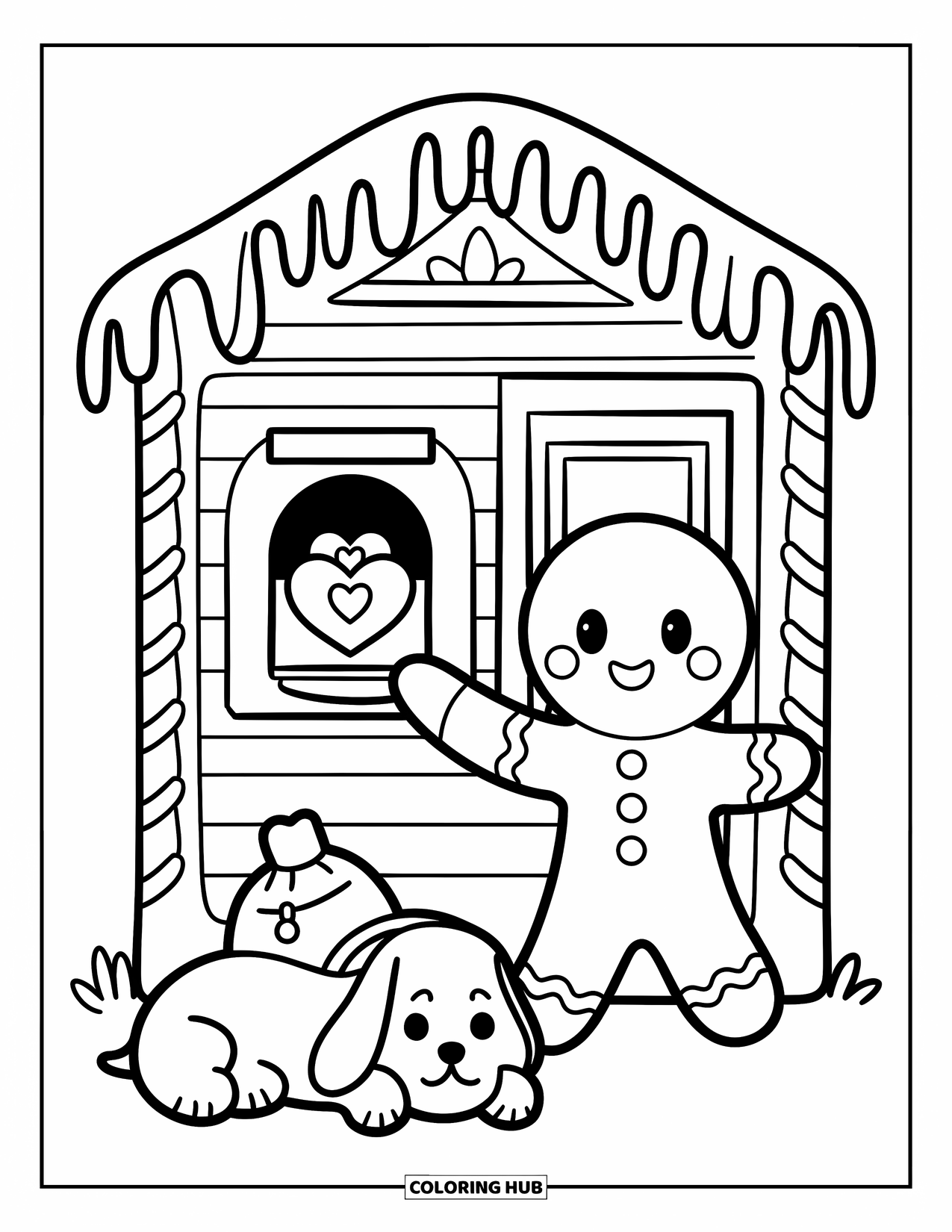Gingerbread Coloring Page for Adults: A cheerful gingerbread carrier delivers love letters while a pup rests peacefully nearby