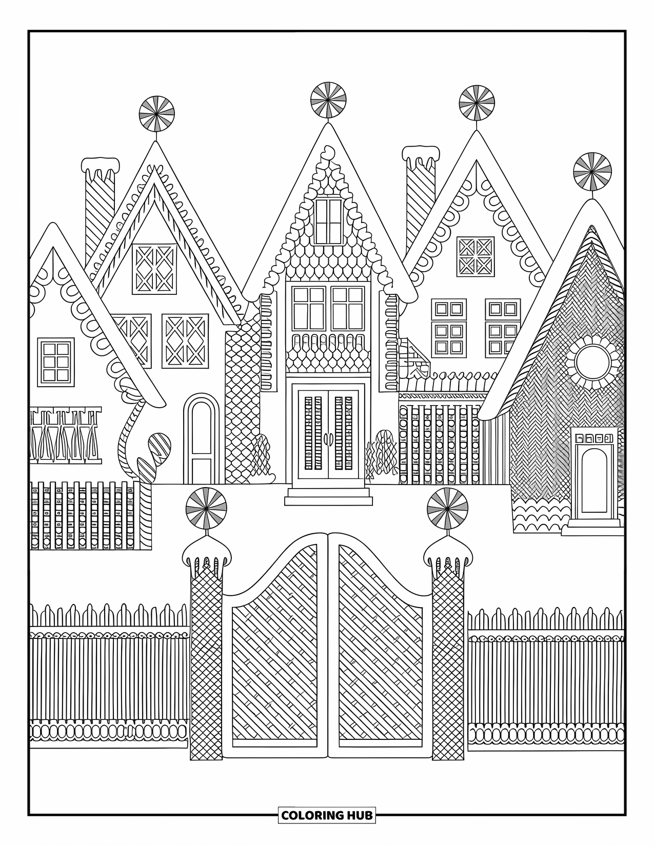 Gingerbread Coloring Page for Adults: A cozy gingerbread town with detailed rooftops, swirly lamp posts, and frosted gates
