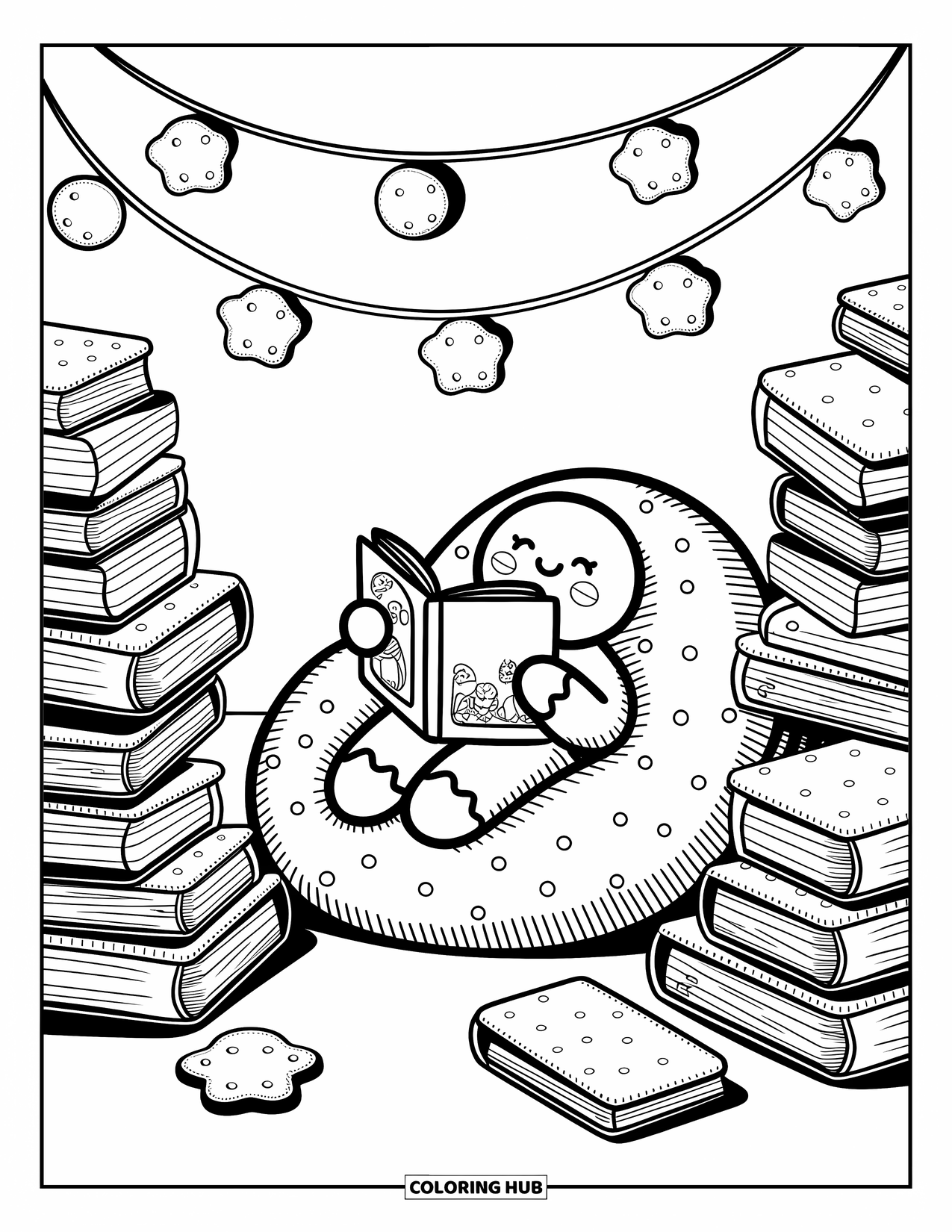 Gingerbread Coloring Page for Adults: A giggling character reads comics on a whipped-cream bean bag in a candy-filled nook
