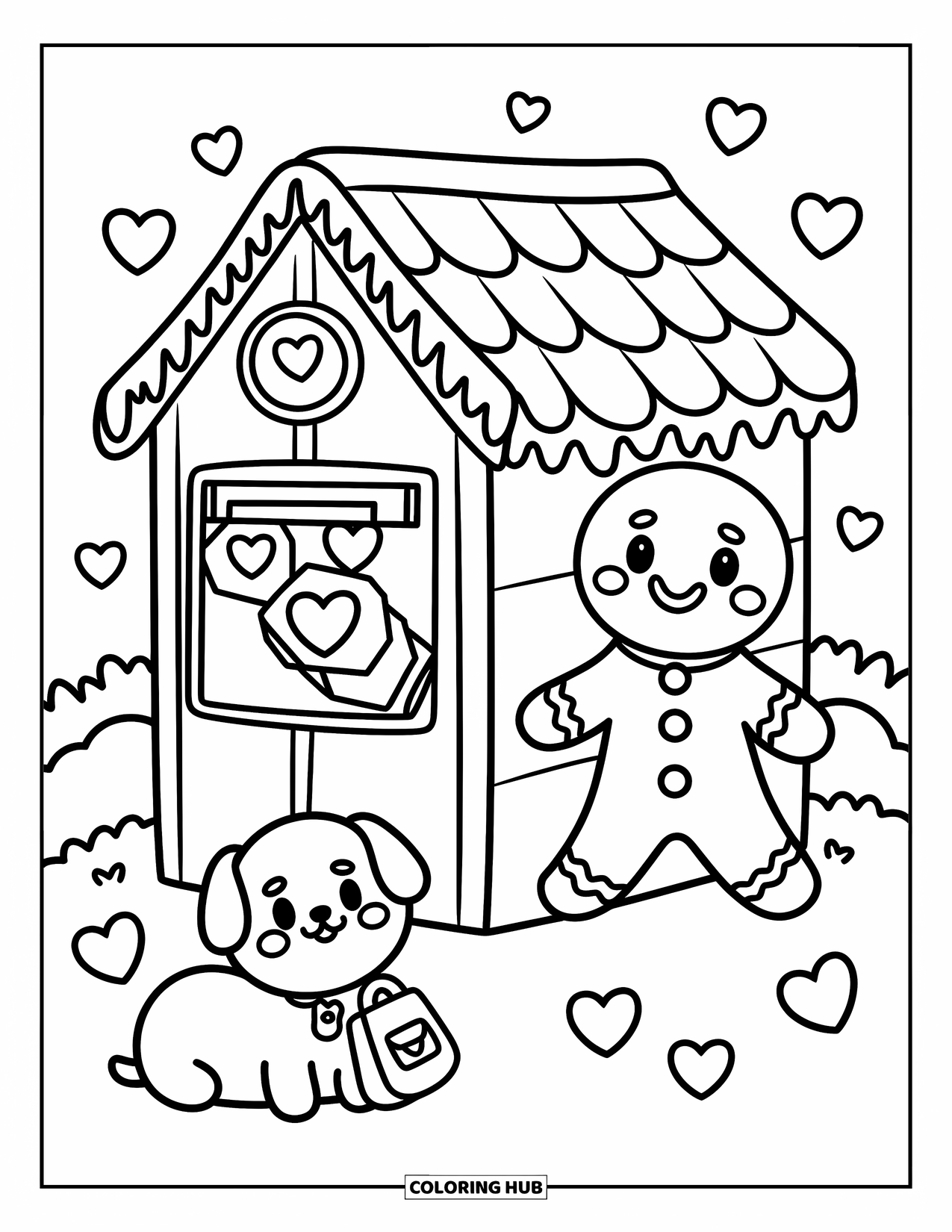 Gingerbread Coloring Page for Adults: A gingerbread mail carrier and chibi dog share a peaceful moment in their frosted village