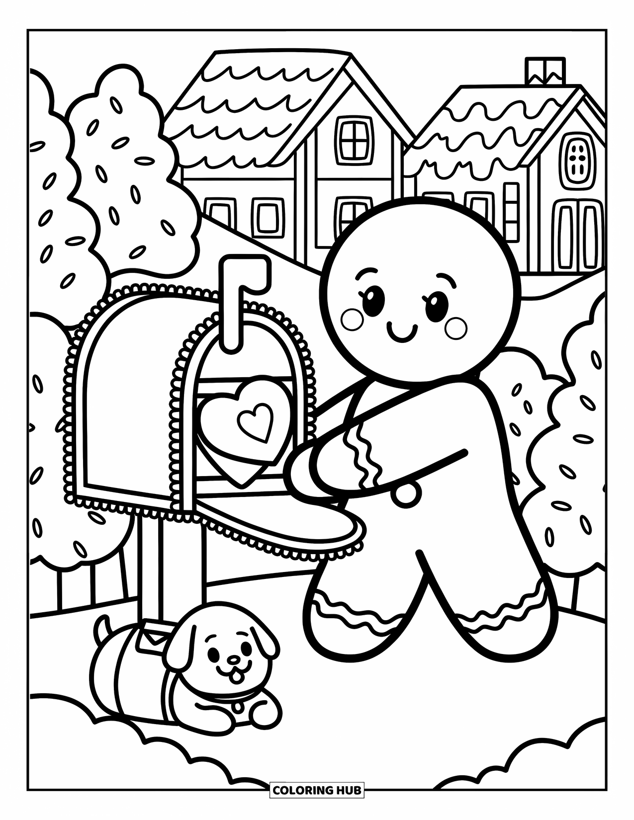 Gingerbread Coloring Page for Adults: A sweet mail carrier delivers heart letters while a tiny dog naps beside the mailbox