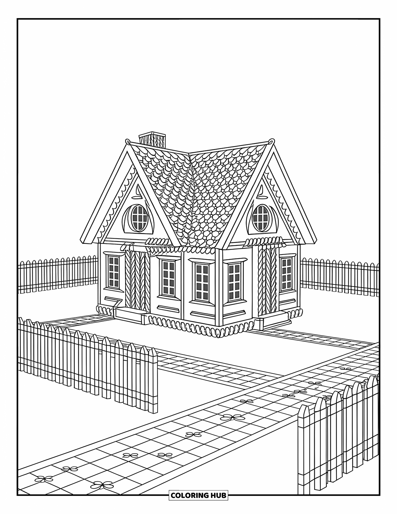 Gingerbread Coloring Page for Adults: Cozy gingerbread home surrounded by candy paths and swirly sweet decorations
