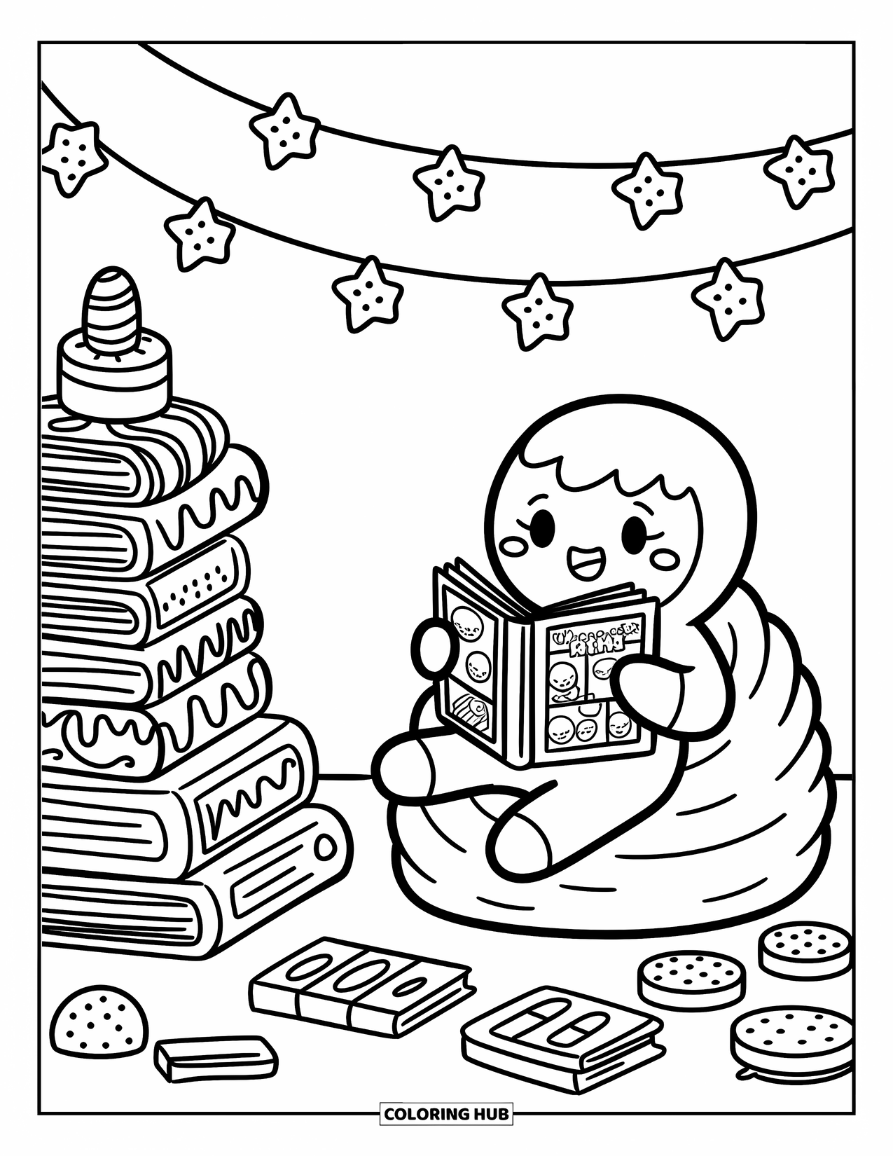 Gingerbread Coloring Page for Adults: Giggling over comics, a character lounges in a cozy nook lit by cookie-shaped lights