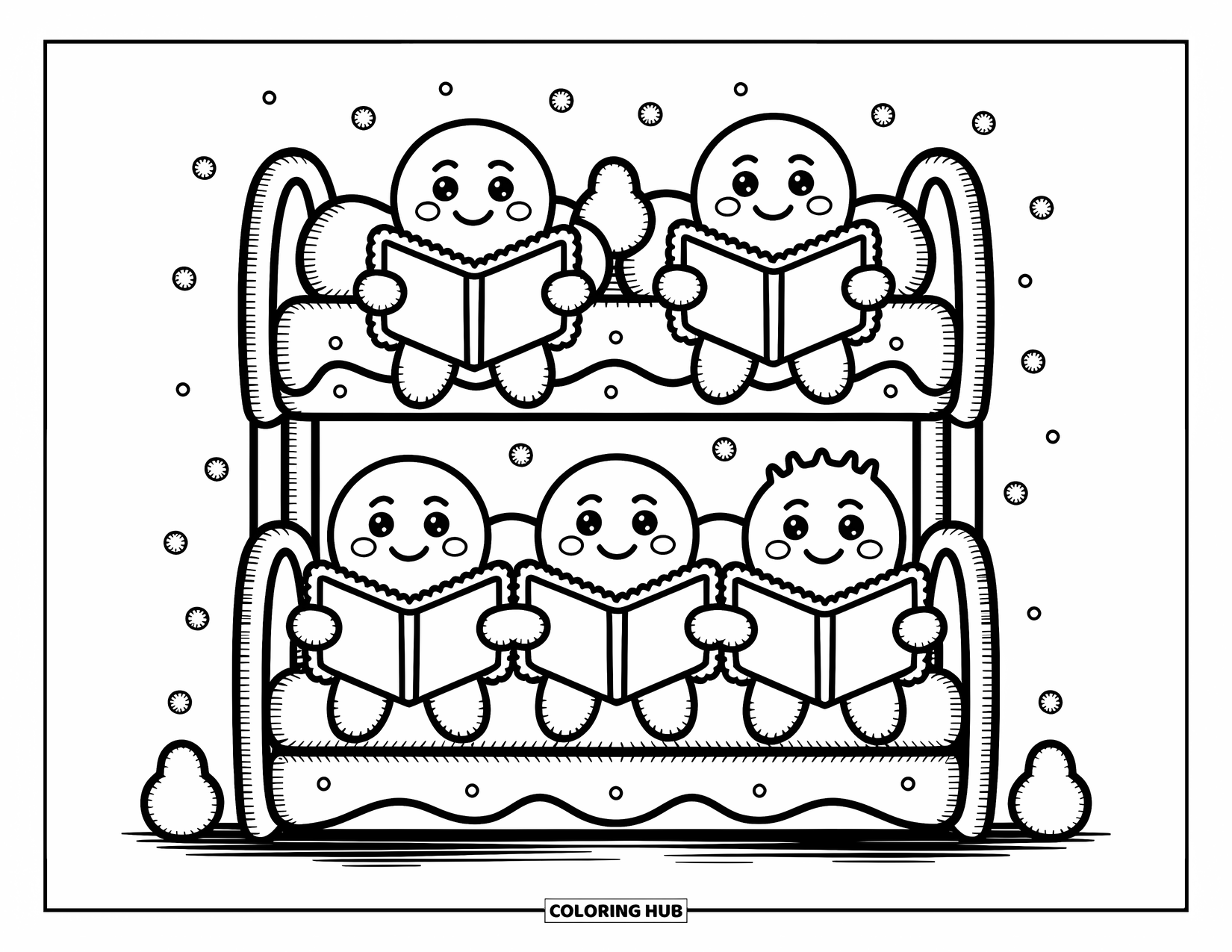 Gingerbread Coloring Page for Adults: Gingerbread family snuggles in a cookie bed, reading together with glowing gumdrop lights