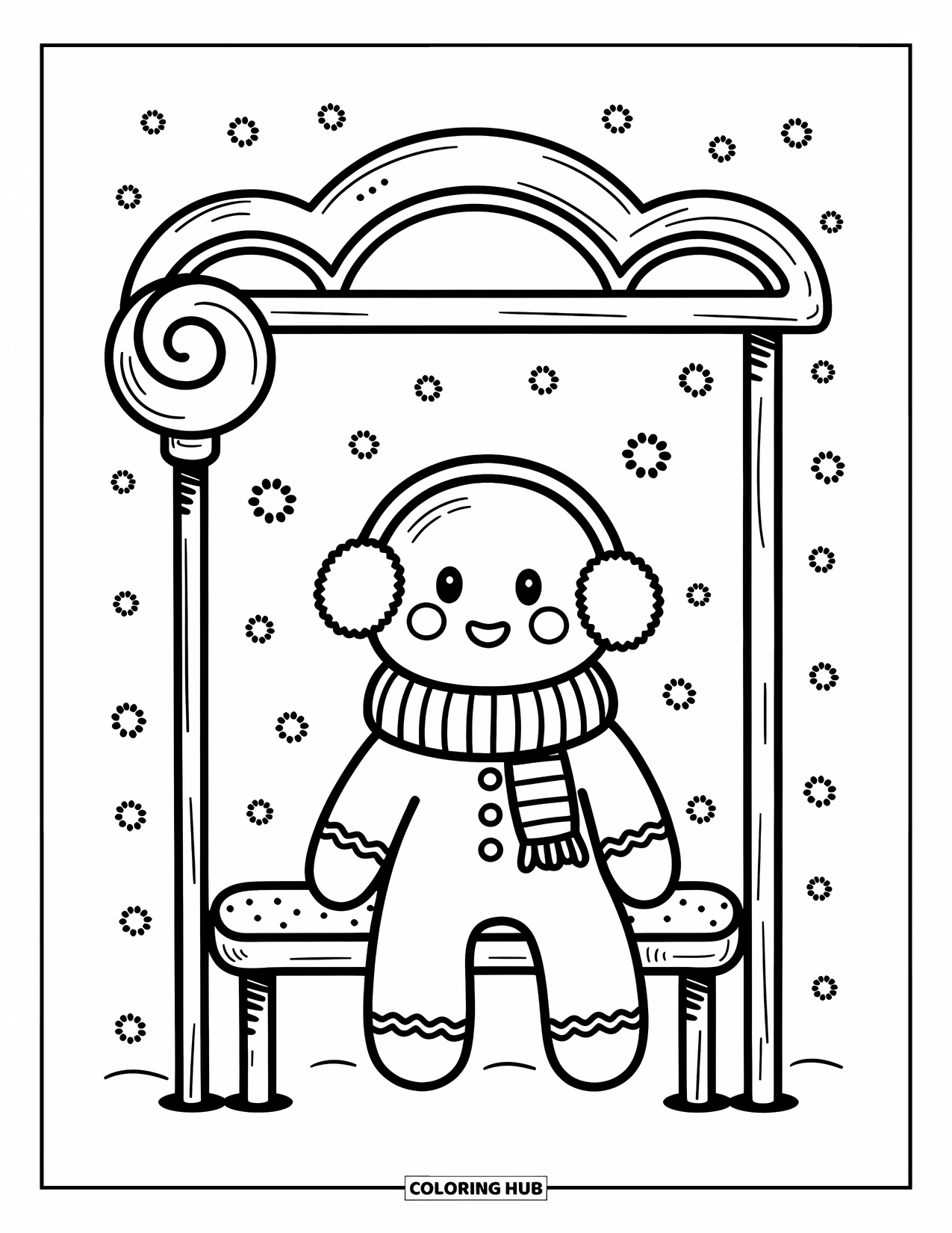 Gingerbread Coloring Page for Adults: Snow falls softly as a gingerbread character waits at a candy bus stop with a smile