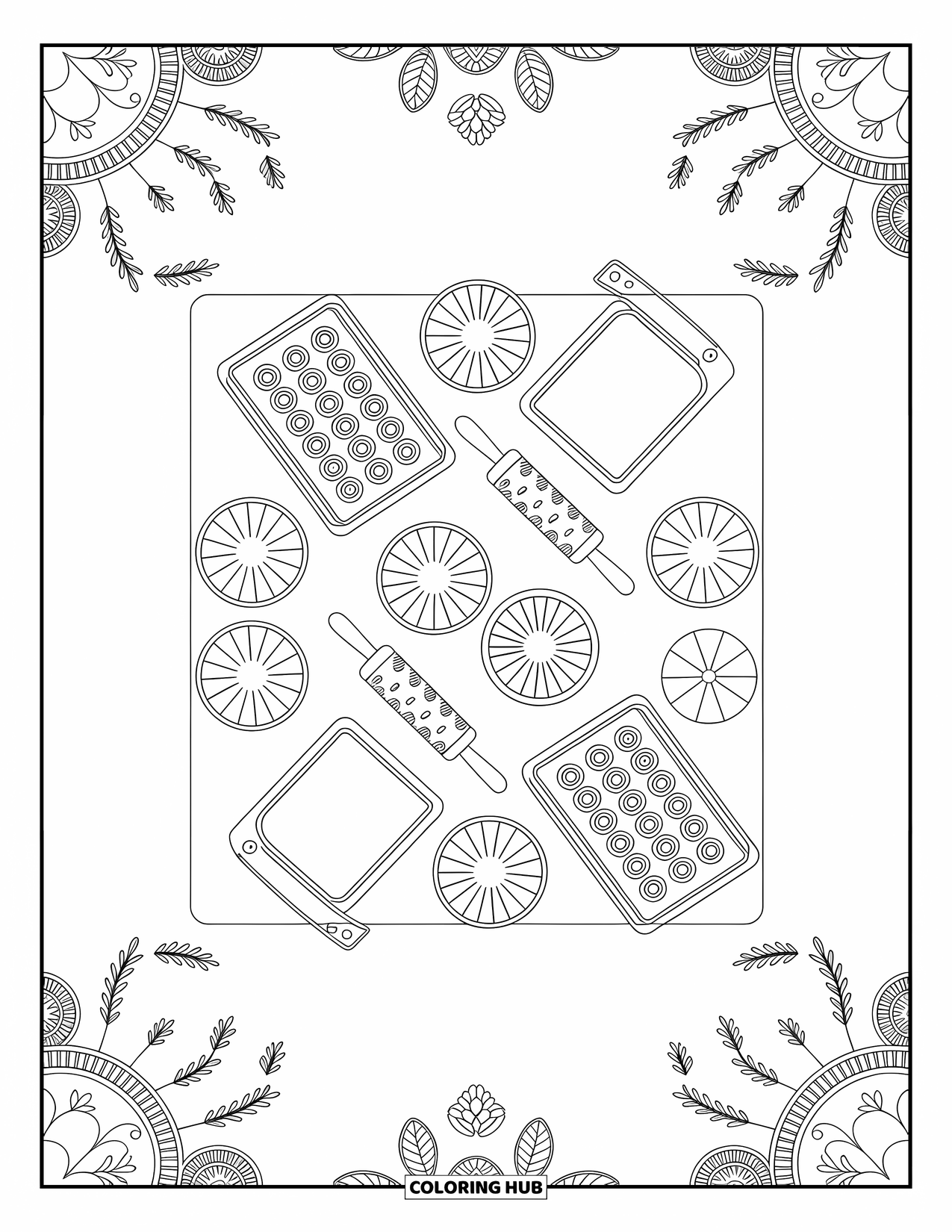 Gingerbread Coloring Page for Adults: Top-down view of a cozy baking table with cookies, tools, and charming patterns