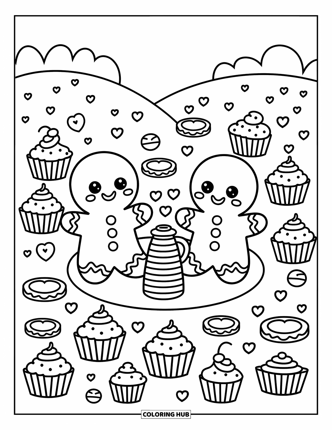 Gingerbread Coloring Page for Adults: Two gingerbread friends enjoy a sweet picnic with cupcakes and a heart-steaming thermos