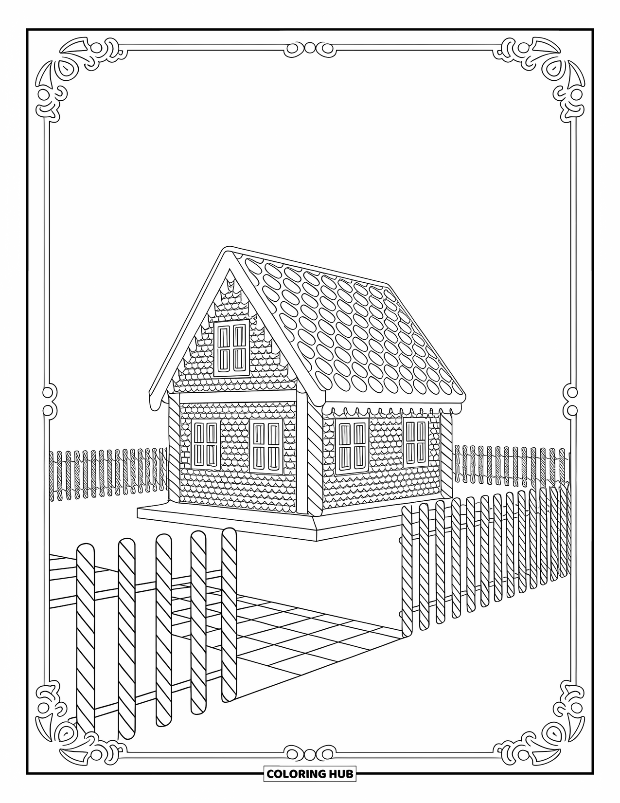 Gingerbread Coloring Page for Adults: Whimsical gingerbread house tucked between sweet fences and swirly peppermint paths