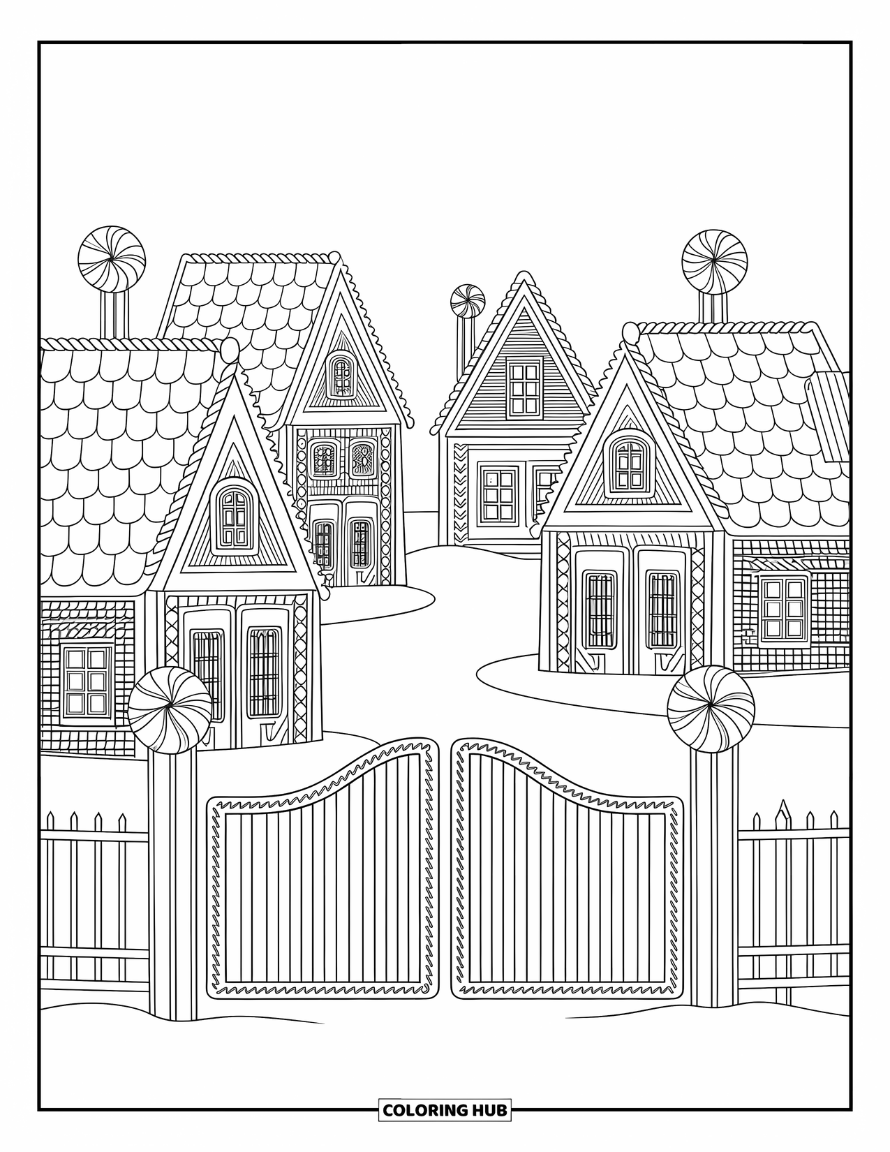 Gingerbread Coloring Page for Adults: Whimsical gingerbread village filled with unique rooftops, candy lamps, and frosted gates