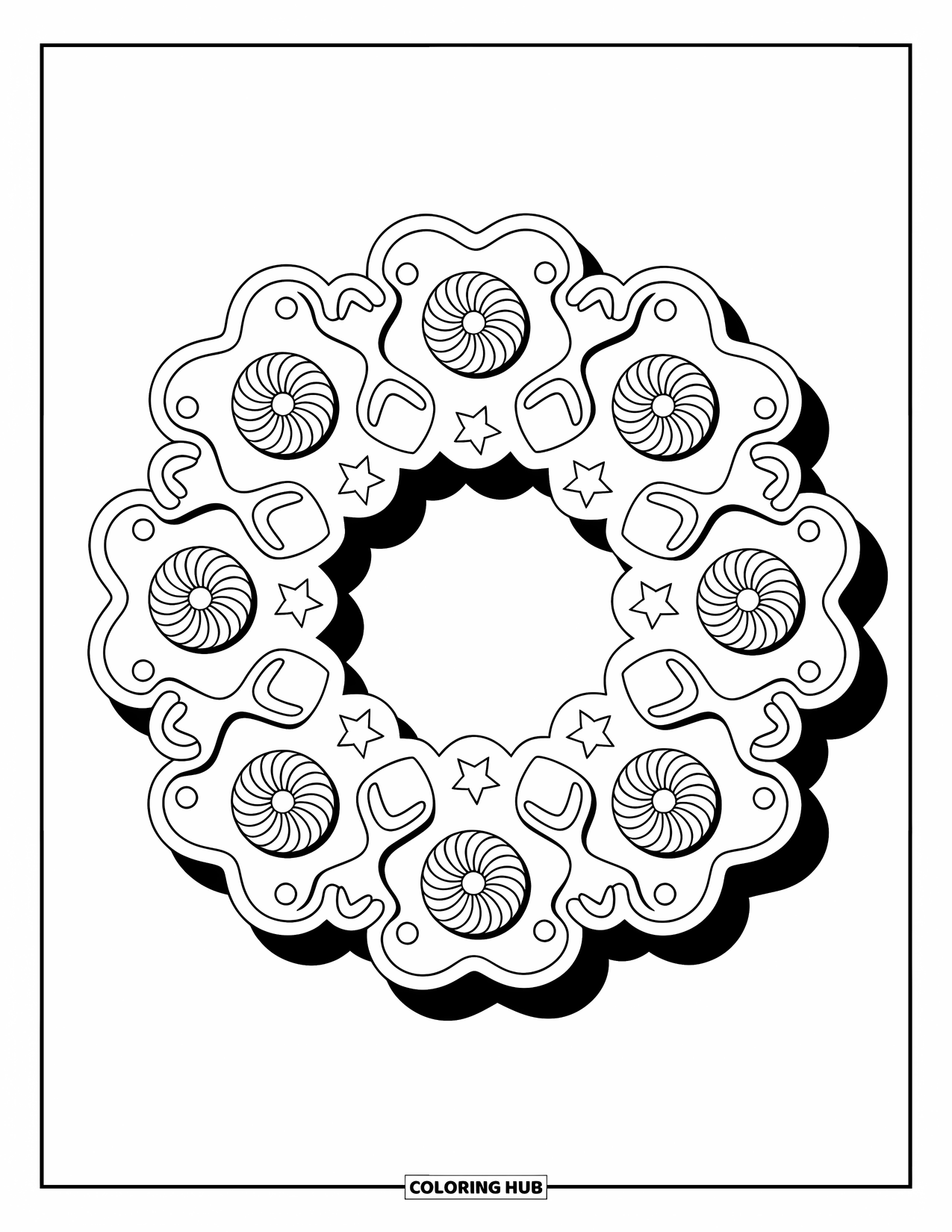 Gingerbread Coloring Page for Adults: Wreath of cookies and icing rosettes surrounded by elegant, detailed decorations