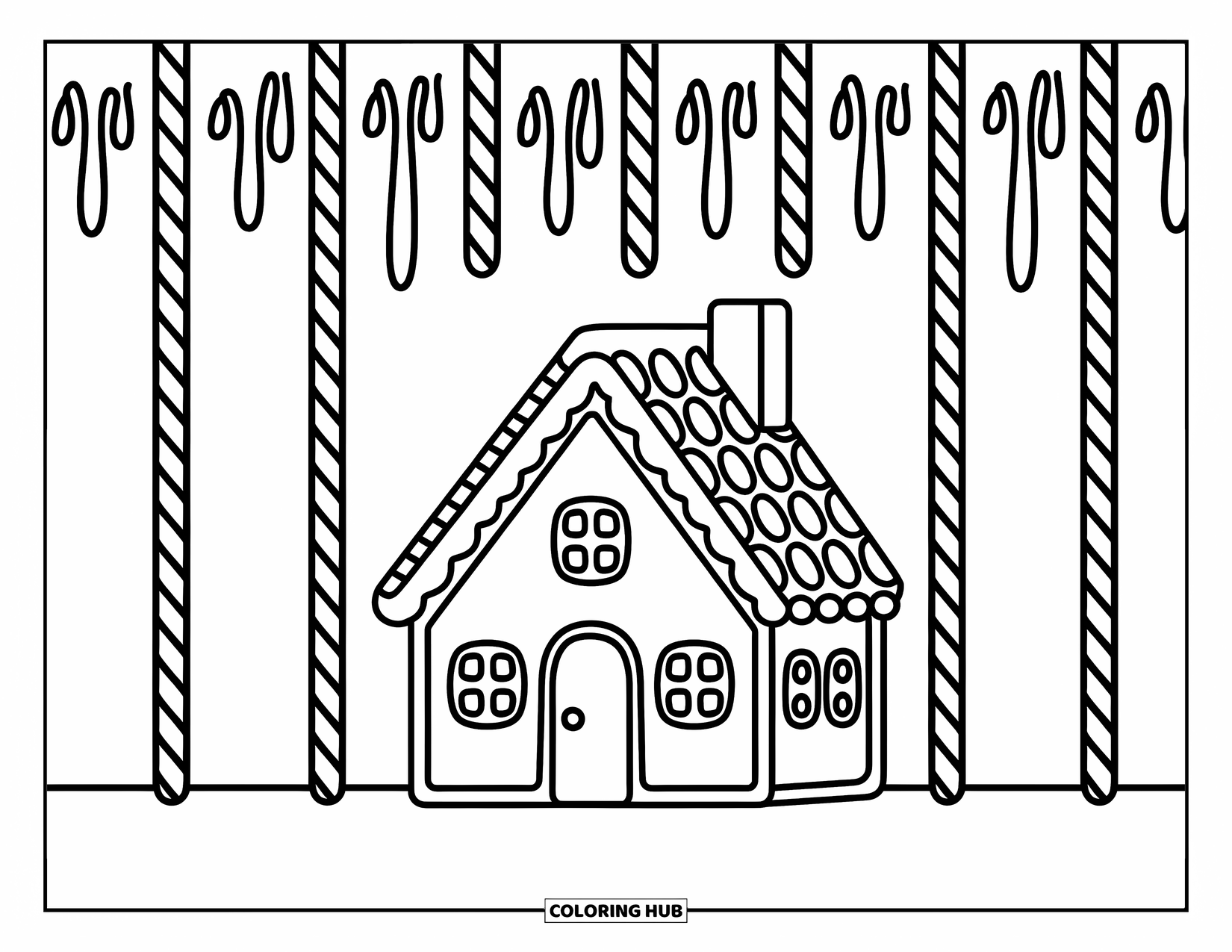 Gingerbread Coloring Page for Kids: A candy-covered gingerbread house stands tall with icicles and peppermint columns