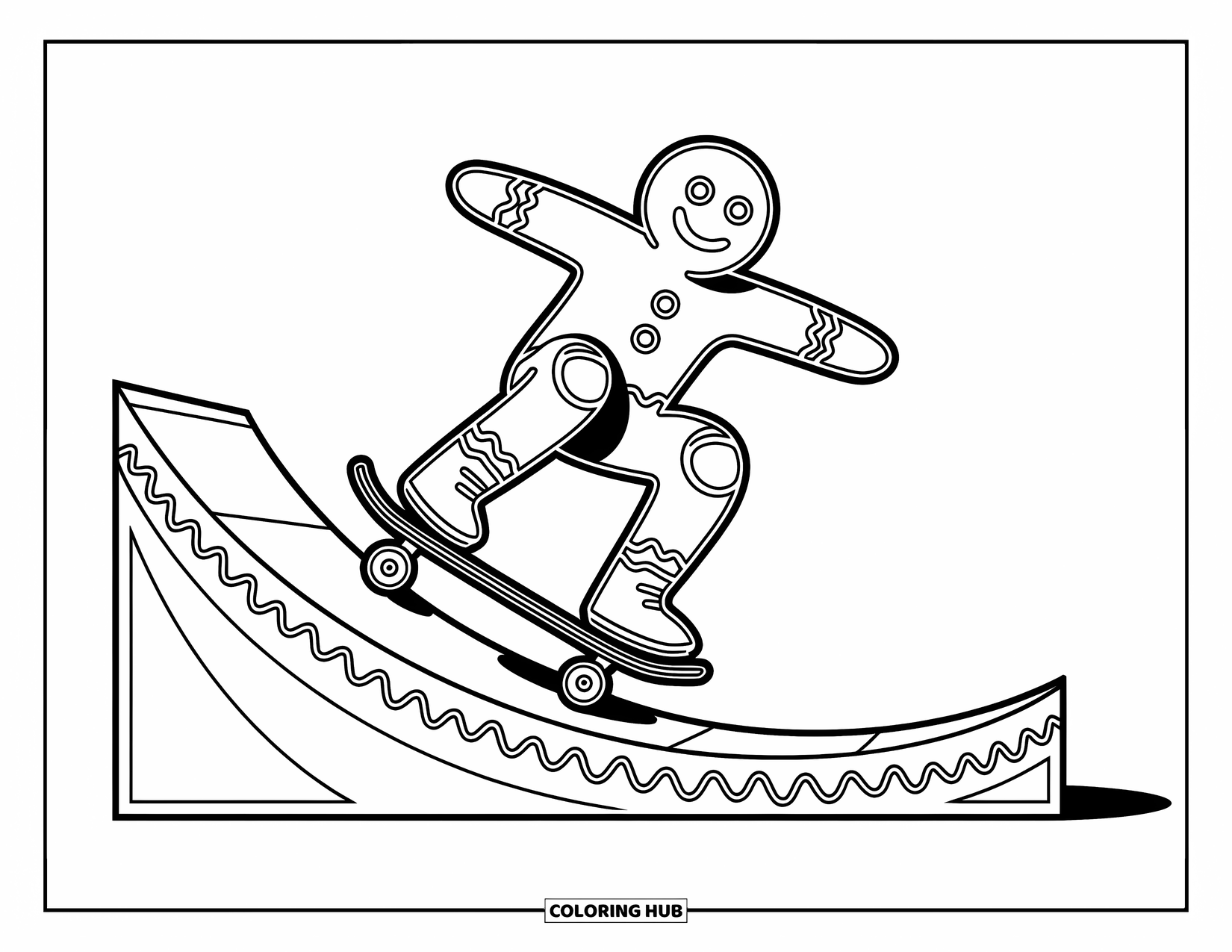 Gingerbread Coloring Page for Kids: A daring gingerbread skater shows off tricks on a frosted ramp
