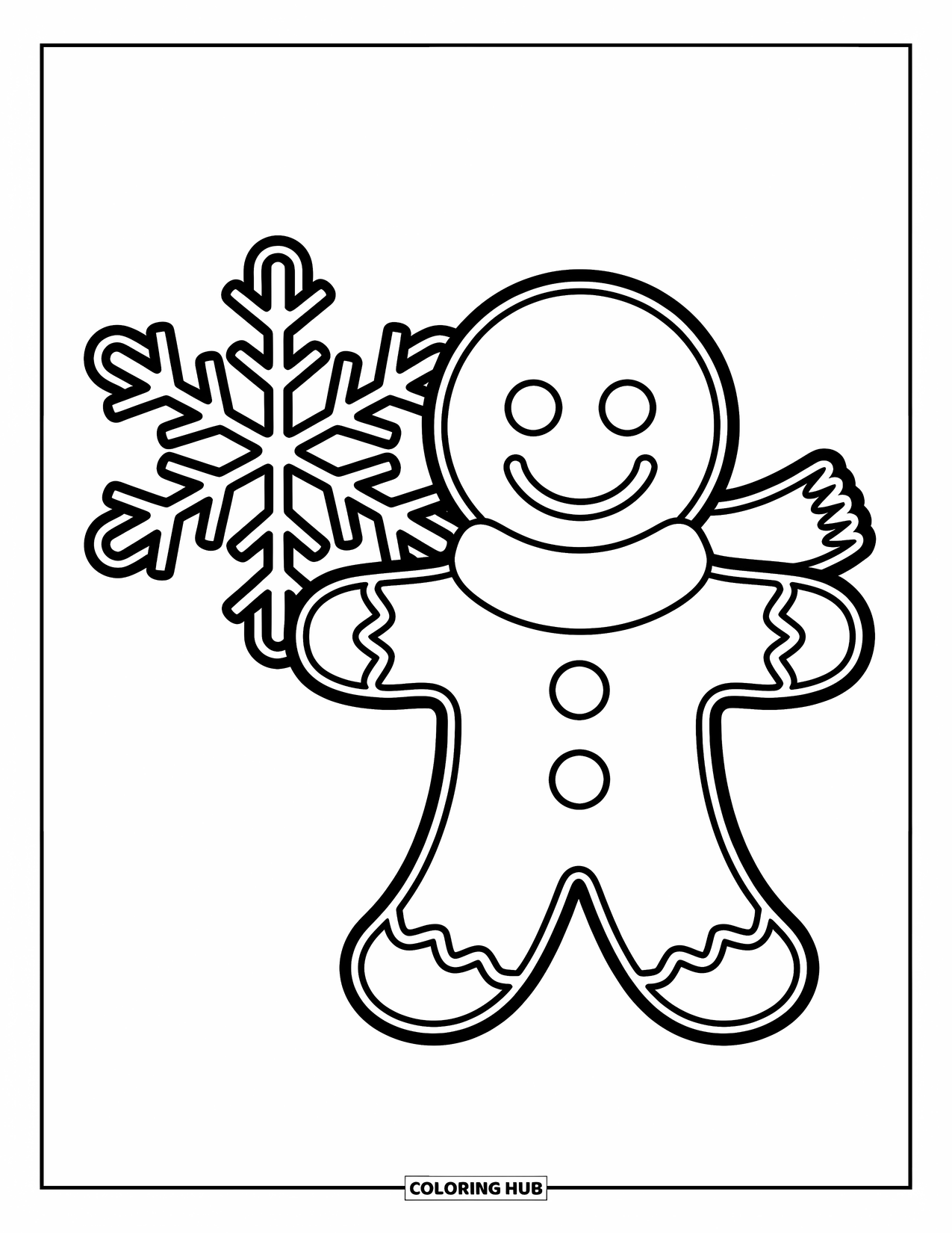 Gingerbread Coloring Page for Kids: Bundled-up gingerbread boy stands with a snowflake and a big, happy grin