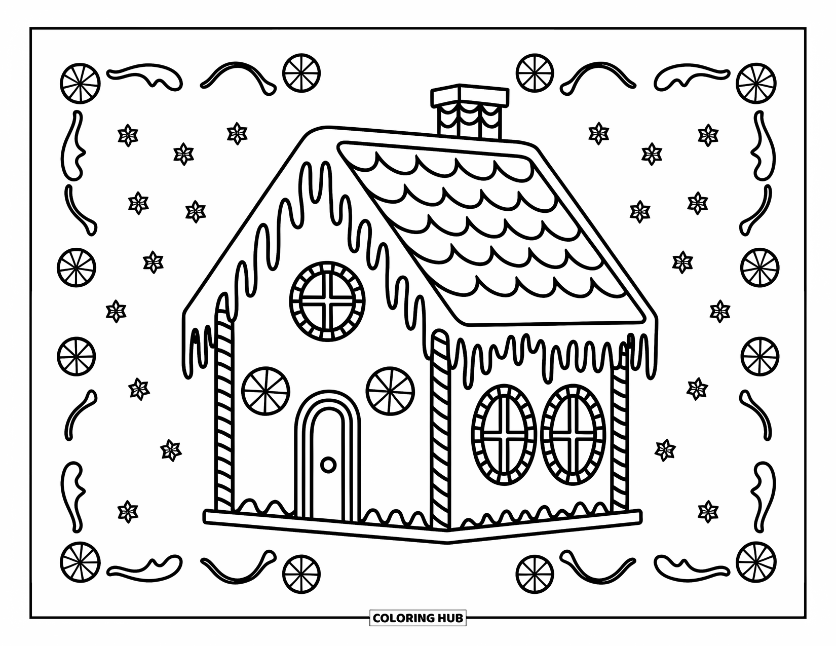 Gingerbread Coloring Page for Kids: Charming gingerbread house features peppermint columns and icing-covered rooftops