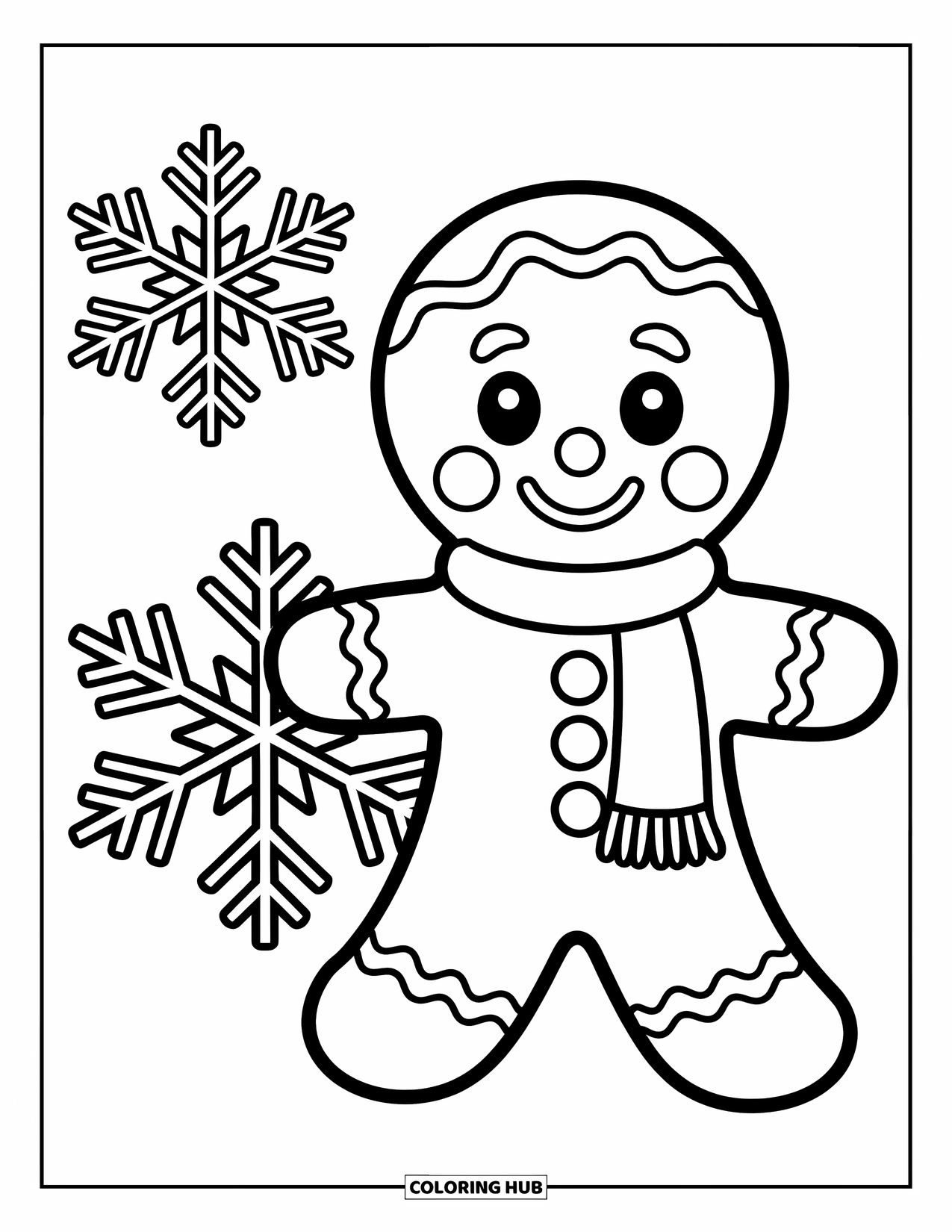 Gingerbread Coloring Page for Kids: Cheerful gingerbread boy and snowflake share a joyful winter moment
