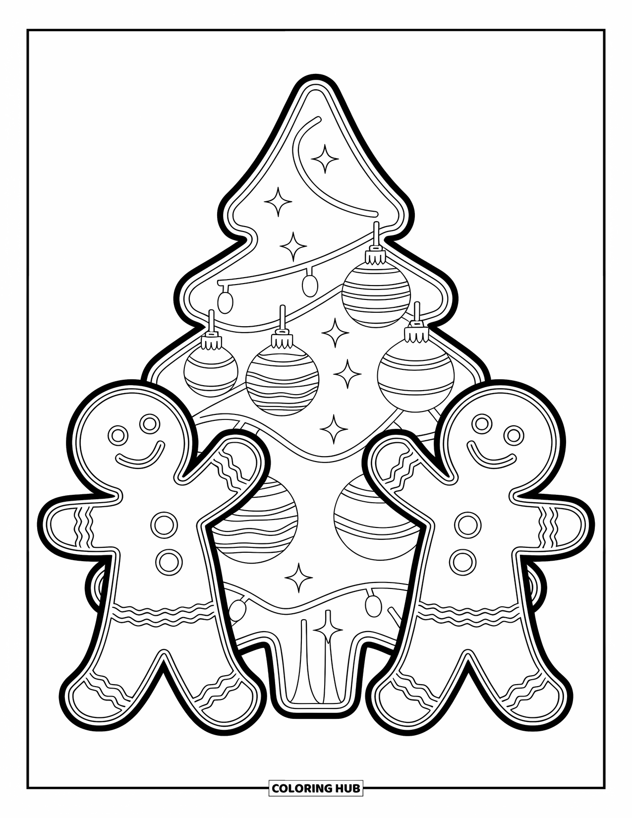 Gingerbread Coloring Page for Kids: Cheerful gingerbread duo hangs festive ornaments on a candy-covered tree