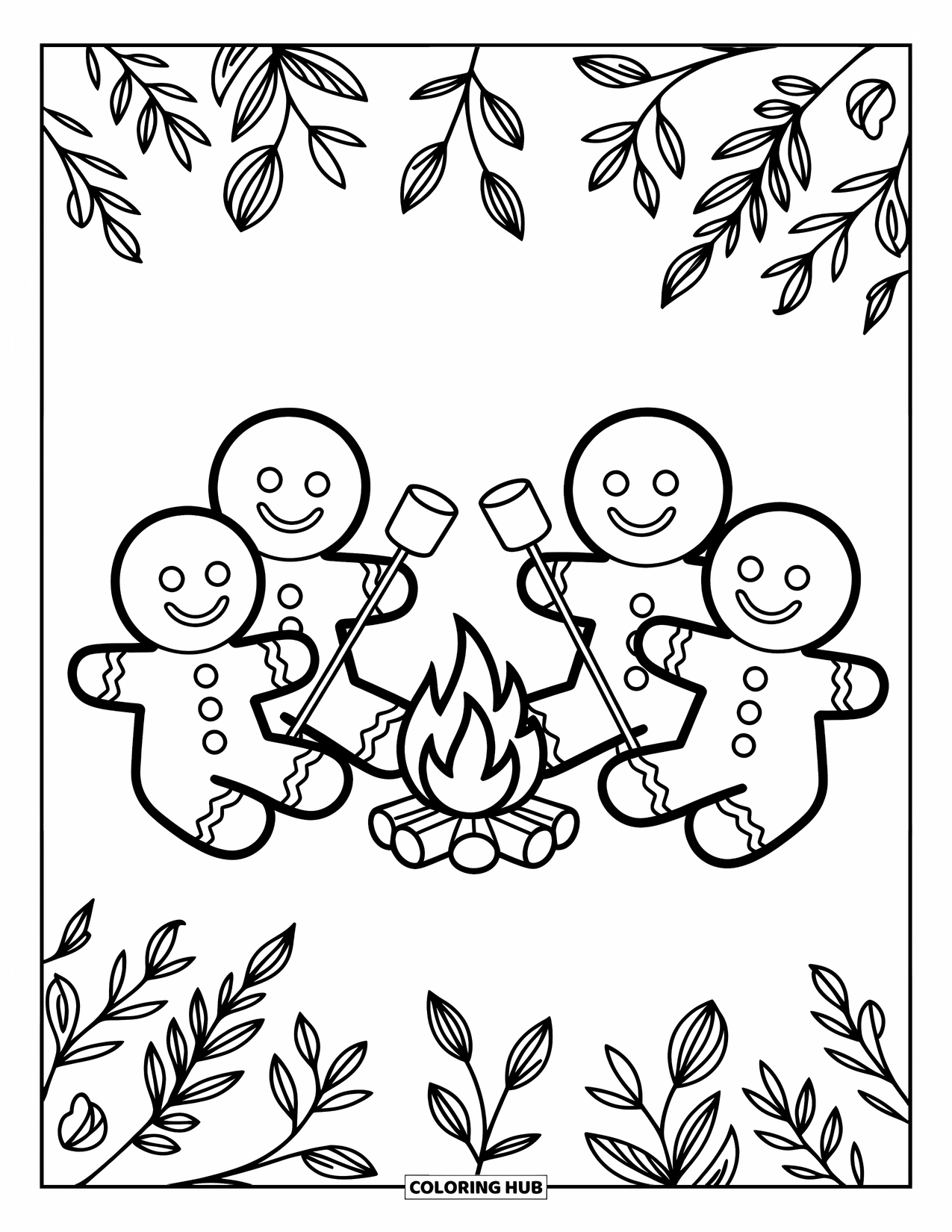Gingerbread Coloring Page for Kids: Cozy gingerbread campers sit by a fire with marshmallows on sticks