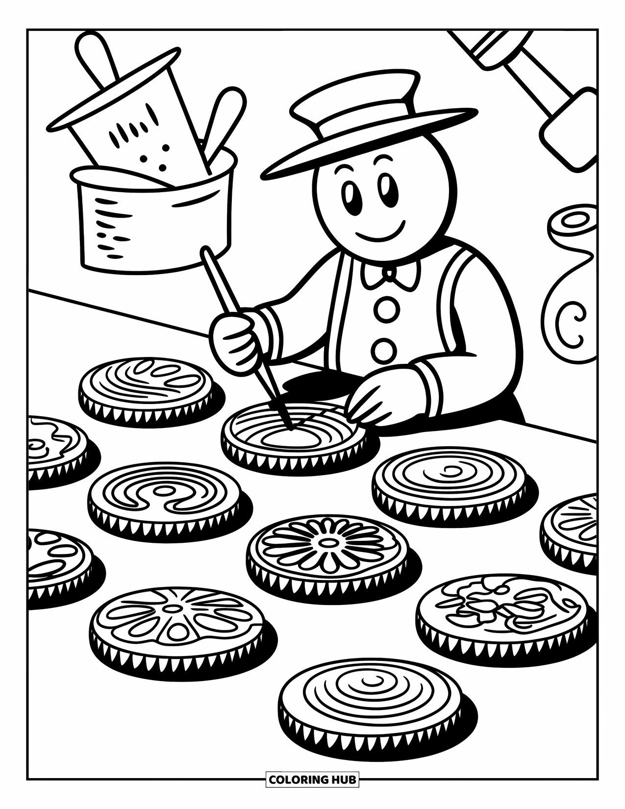 Gingerbread Coloring Page for Kids: Gingerbread artist adds icing designs to cookies with careful, creative flair